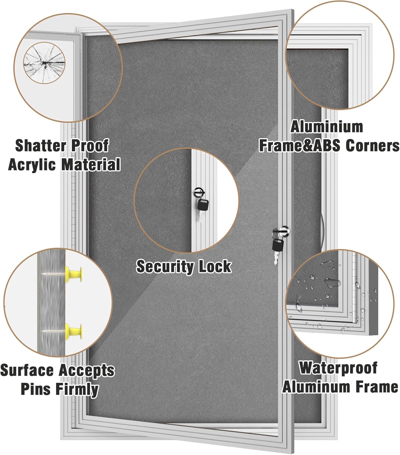 36"x24" Enclosed Bulletin Board, Outdoor Lockable Weather-Resistant Aluminum Cork Noticeboard for School & Office, Silver Frame w/Grey Flet