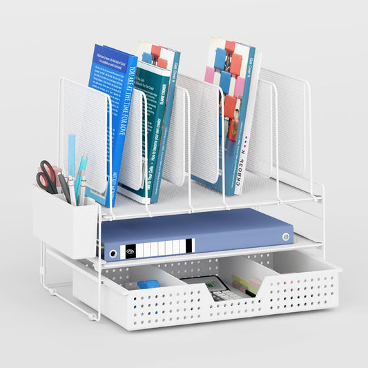 Desk Organizer, Office Organization with Vertical File Holder, File Organizer with Drawer and Pen Holder, Desk Accessories and Workspace Organizers for Home Office (White)