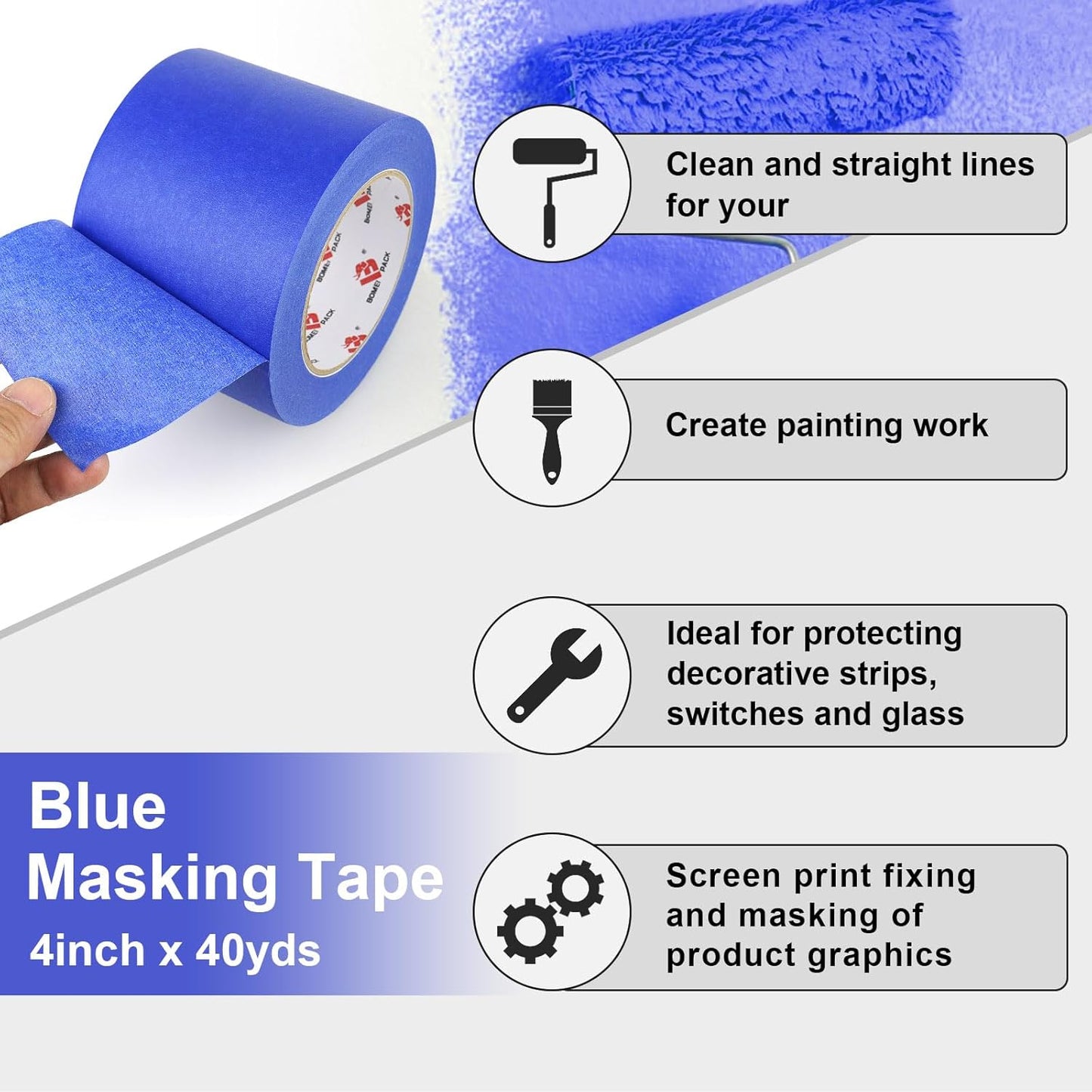 BOMEI PACK Wide Blue Painters Tape 4 Inches x 40 Yards, 4'' Blue Masking Tape for Painting, Laser Cutting/Engraving & 3D Printing, 21-Day Clean Removal Indoor and Outdoor Use