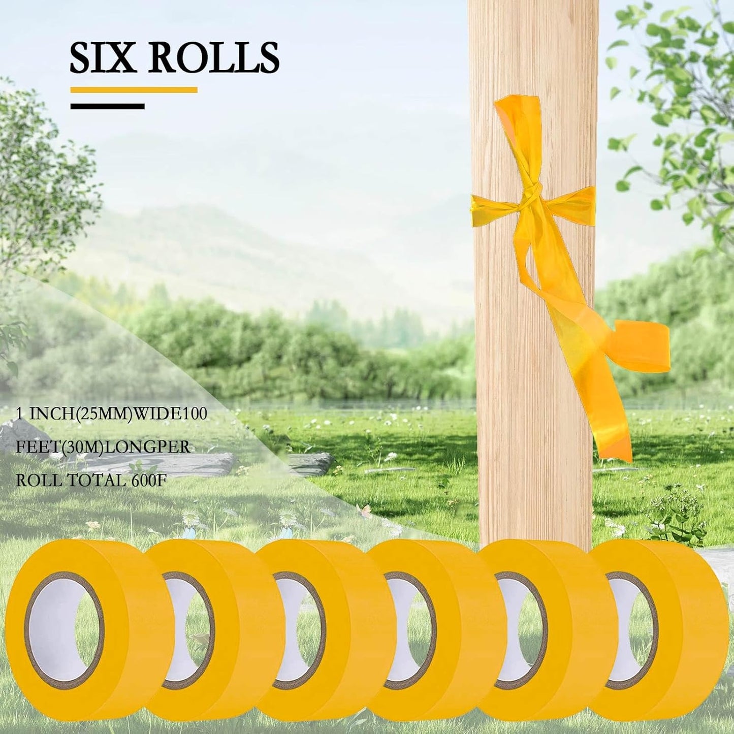 6 Pack Earth-Yellow Flagging Tape, Non-Adhesive Plastic Ribbon Neon Marking Roll, 1"*600ft, Marking Tape for Tree Marking, Hunting, Boundaries and Hazardous Areas,Trail Marking