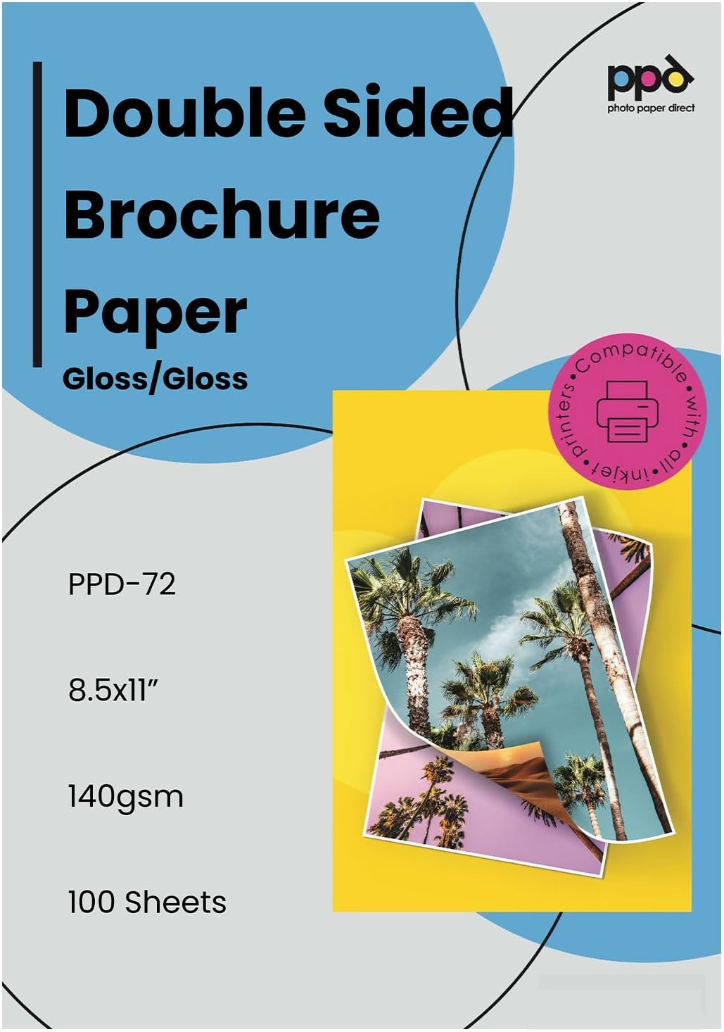 PPD 100 Sheets Inkjet Glossy Brochure and Flyer Paper 8.5x11 37lbs 140gsm Professional Quality Double Sided Instant Dry and Water-Resistant (PPD-72-100)