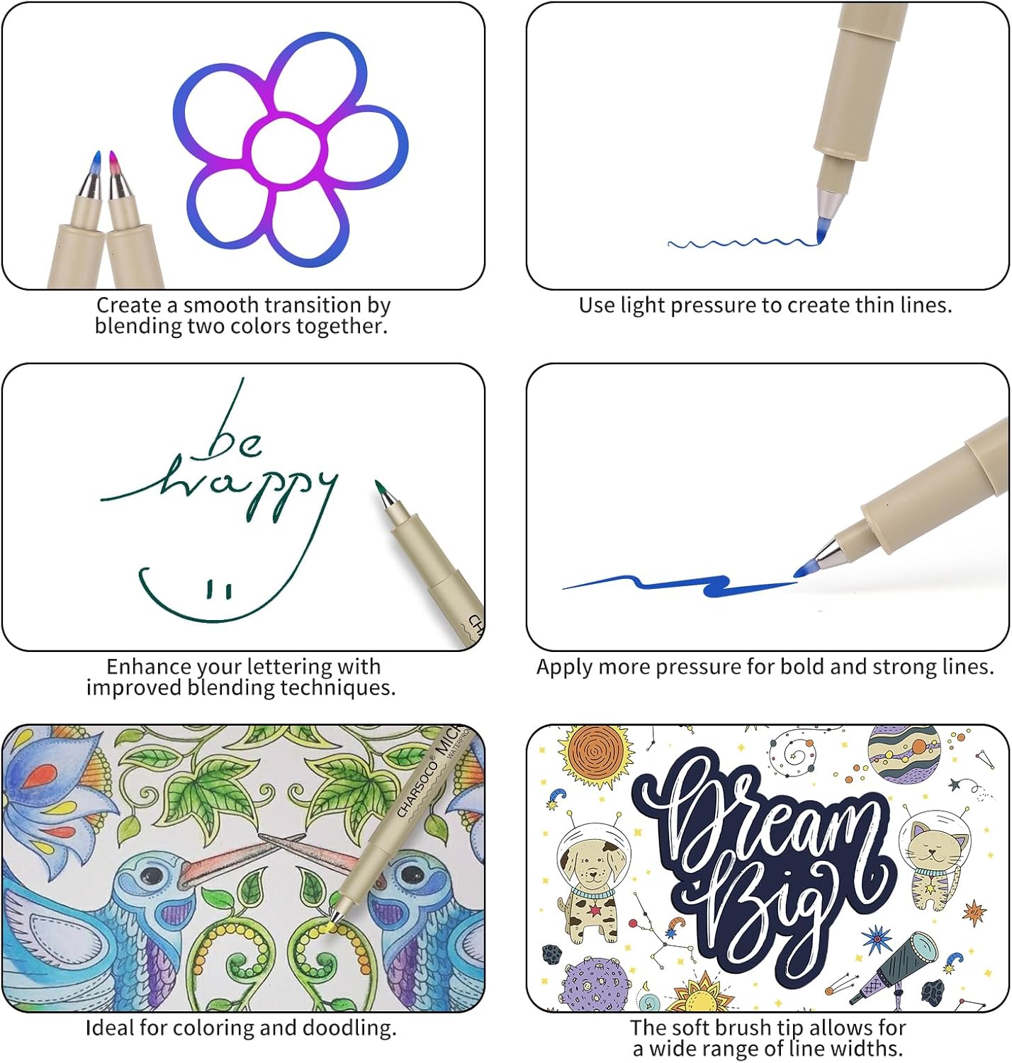 Arts Sign Brush Pen, Felt Tip Water Based Ink with 12 Colors, for Journaling, Lettering, Calligraphy, Technical Drawing and Scrapbooking