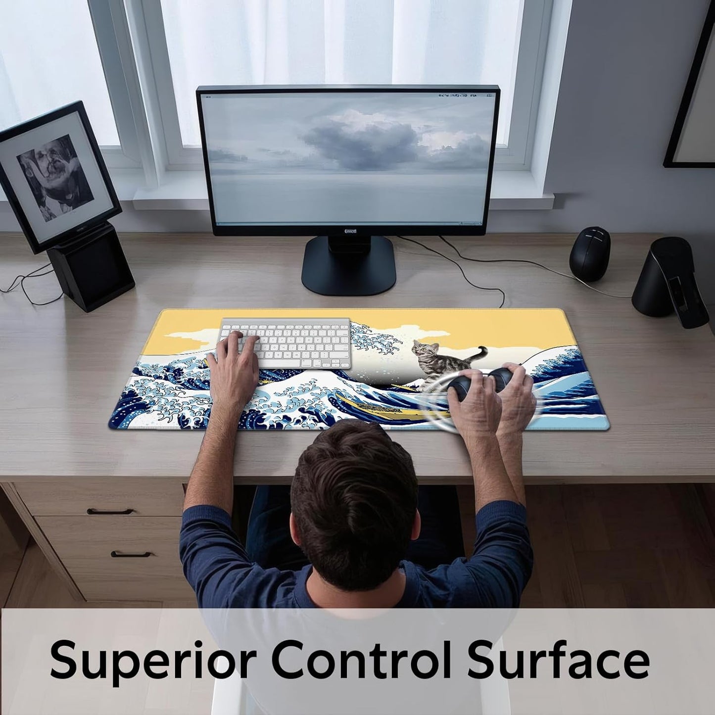 Funny Cat Surfing The Great Wave Off Kanagawa Mouse Pad - Large Non-Slip Desk Mat for Office, PC, Laptop - 31.5"x11.8" x 3mm