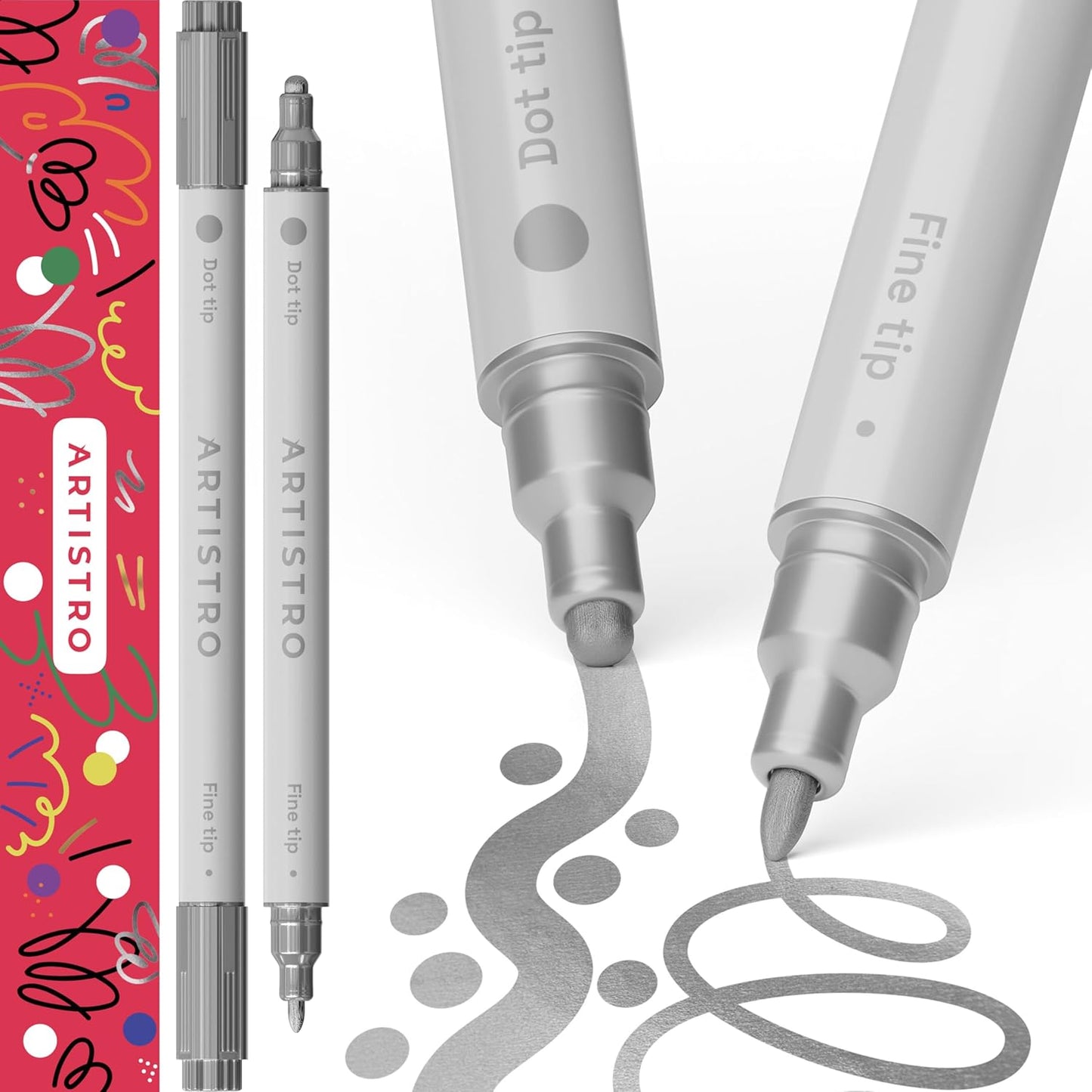 ARTISTRO 2 Silver Dual-Tip Acrylic Paint Pens - Multisurface Markers for Fabric, Plastic, & More, 5mm Dot + 1mm Fine Tips