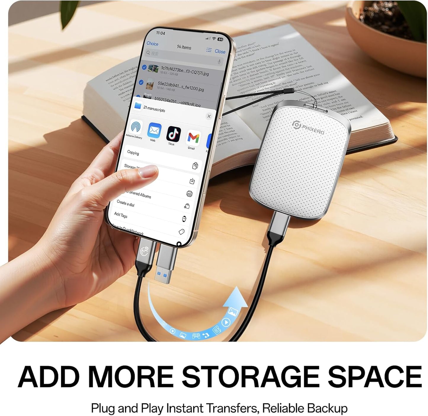 PHIXERO P5PLUS Portable SSD 2TB Up to 550MB/s, USB 3.2 Gen 2 External Solid State Drive，USB C to C&A for Smartphone，Tablet，PC，Labtop (White)