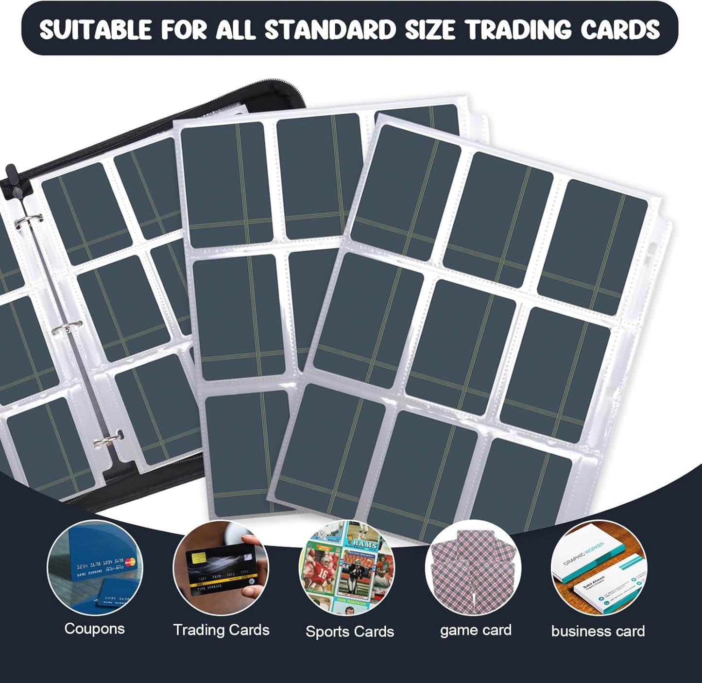 Card Binder 900 Pockets, Trading Card Binder 9-Pocket Card Holder Binder fits 900 Cards with 50 Removable Card Sleeves and Zipper Card Collection Binder for Boys and Girls Organized