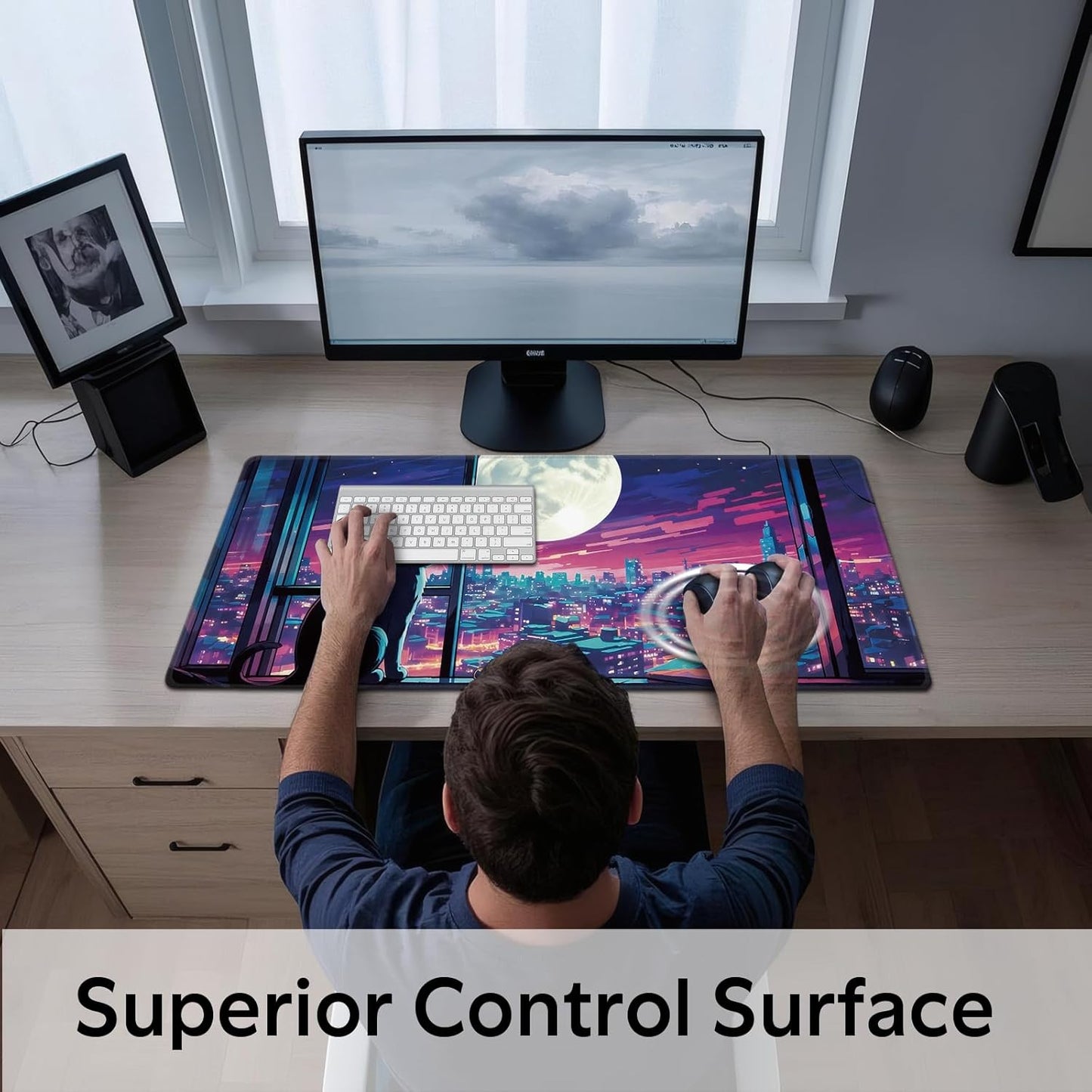 Cool Purple Moom Cat Mouse Pad, City Cats Busy Night Scene Mousead - Large Non-Slip Desk Mat for Office, PC, Laptop - 35.5"x15.7" x 3mm