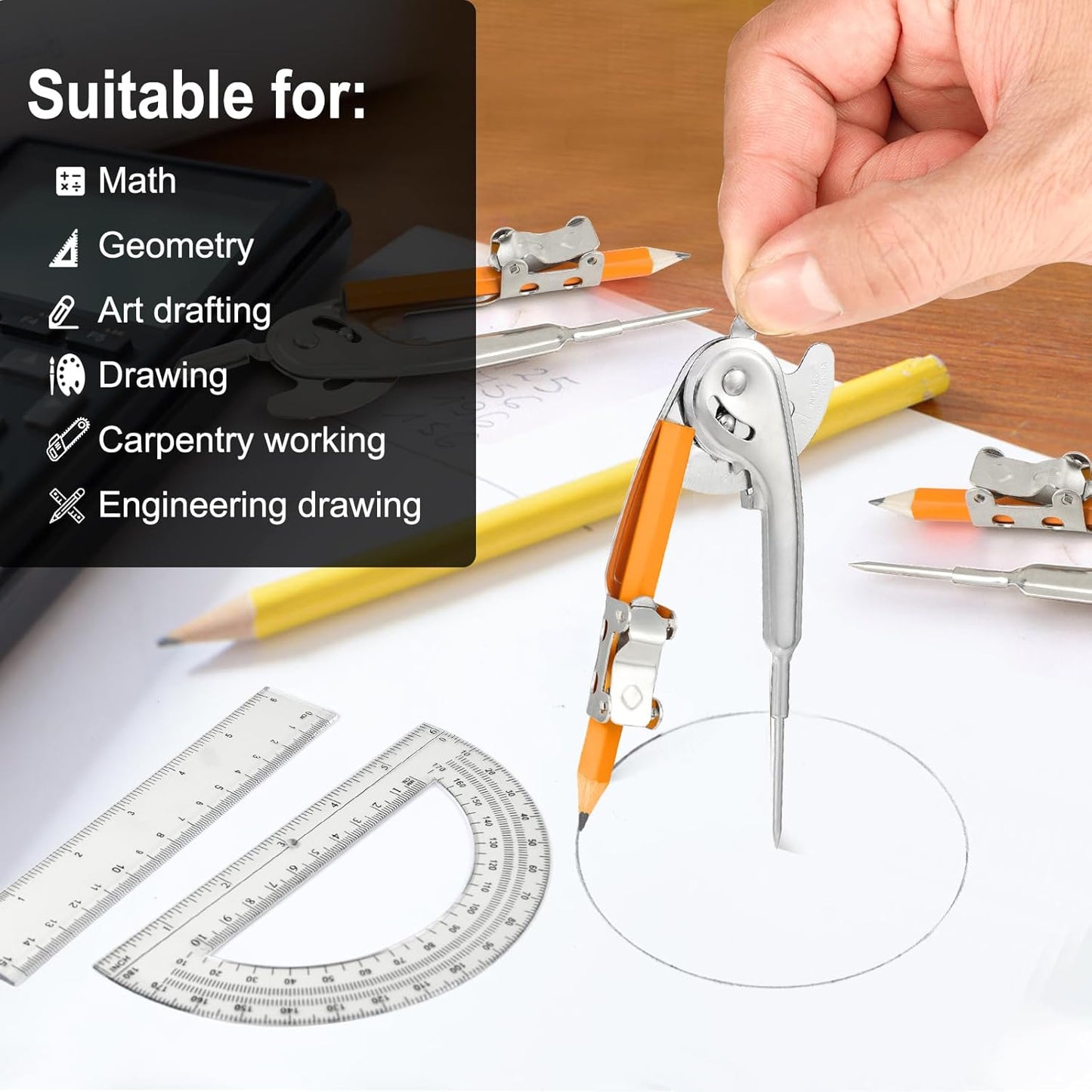 120 Pieces Geometry Math Set Compass for Geometry Math Compass and Protractor Set Include Metal Compass with Pencil Plastic Ruler and Protractor for Student School Office Woodworking Drawing Tools