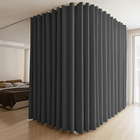 Room Divider Curtains & Flexible Bendable Tracks Set,Privacy Dividers Ceiling Track Curtain Window Blackout Curtains for Living Room Bedroom (W180 × H84 in 1 Panel Black Drape & White Rail)