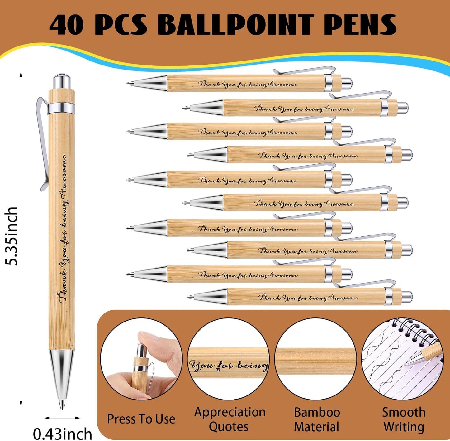 40 Sets Employee Appreciation Gifts Encouragement Inspirational Spiral Notebooks with Sticky Notes Notepads Thank You Bamboo Ballpoint Pens for Nurse Coworker Teacher (THANK YOU)