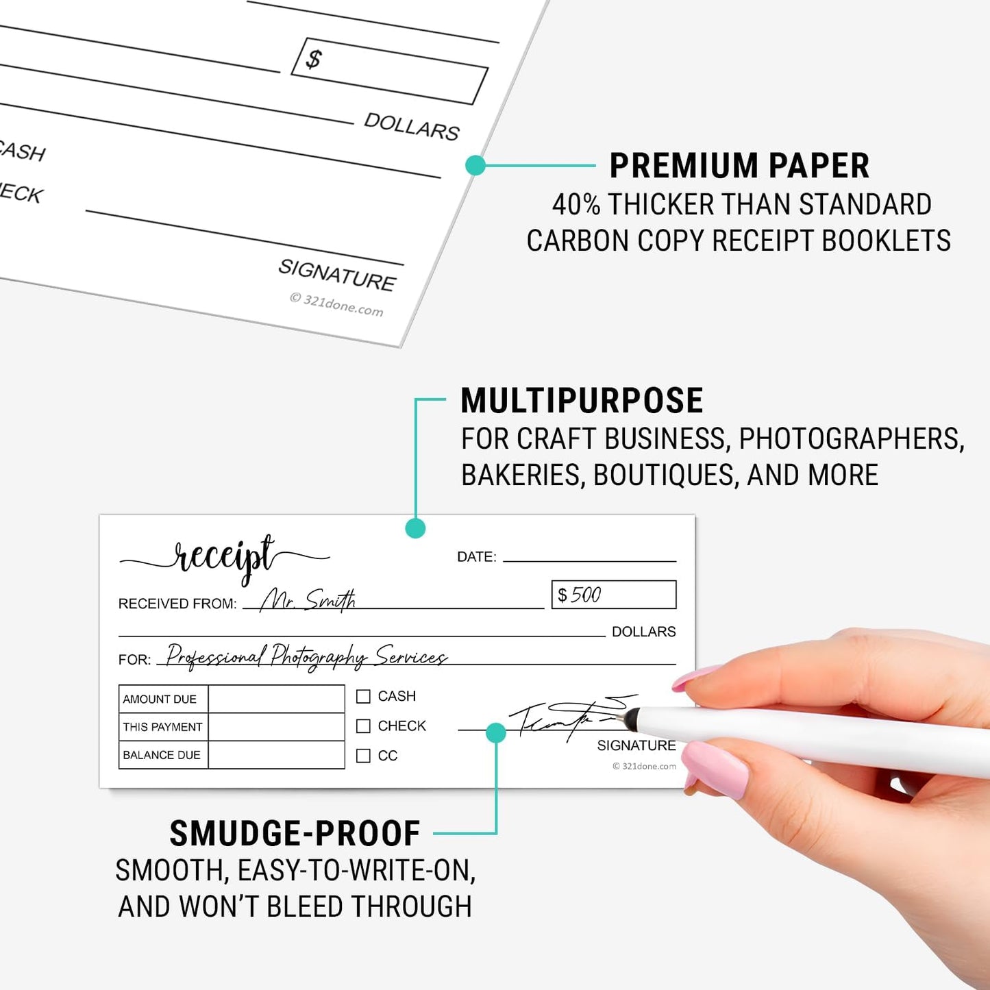 321Done Receipt Book, Made in USA - 2.75x6 Pocket Size 2-Part Carbonless, Cute Handheld Duplicate Copy Order Form for Craft Boutique Business - 50 White/Yellow Sets