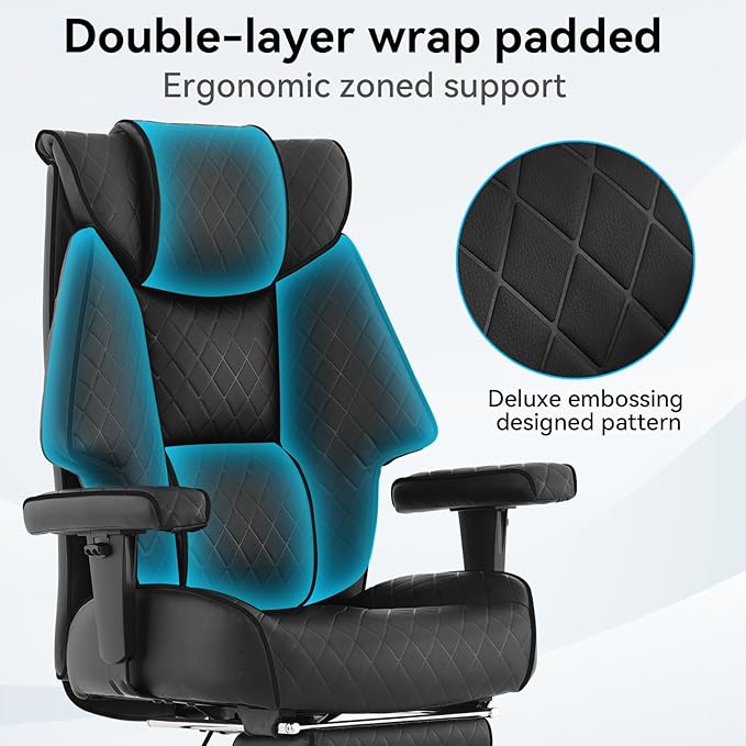 Big and Tall Office Chair with Footrest, PU Leather High Back Executive Office Chair 400lbs, Ergonomic Computer Chairs Lumbar Support for Heavy People (All Black)