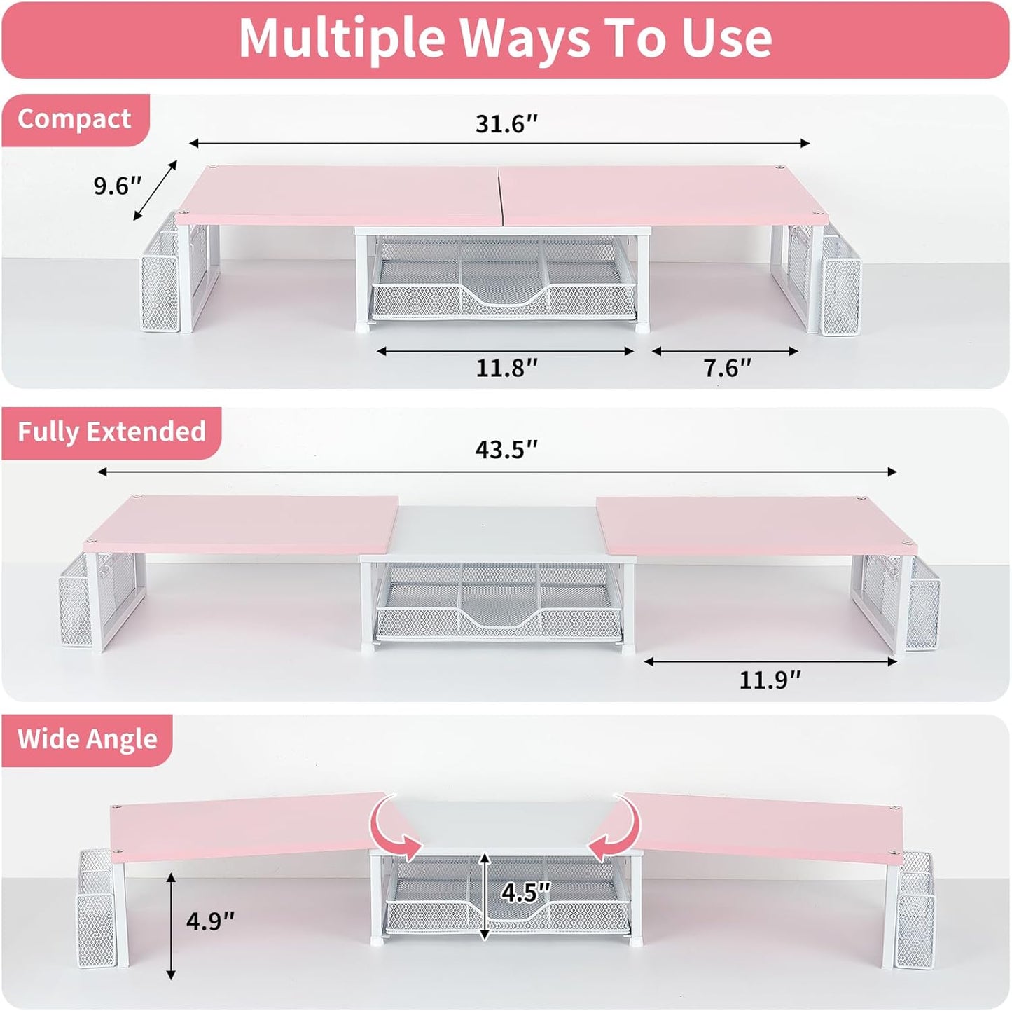 Desk Dual Monitor Stand Riser - Desk Organizer with Drawer and Pen Holders, Office Desk Accessories & Workspace Organization, Computer Monitor Stand for Laptop, Printer(Pink＆ White)