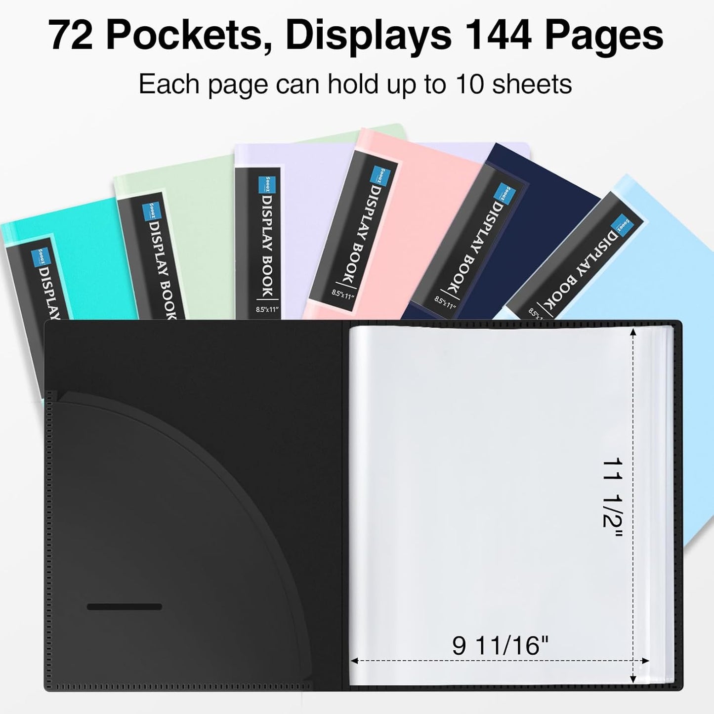 Sooez 72 Pocket Binder with Plastic Sleeves & Elastic Band, Large Capacity 8.5x11 Presentation Book Display 144 Pages, Art Portfolio Document Folder with Clear Sheet Protectors for Office School