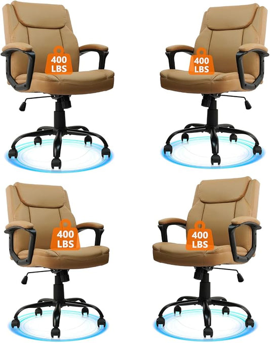 CLATINA Brown Office Computer Chair PU Leather Executive Swivel Adjustable Height Chairs with Upholstery Fixed armrest Mid-Back Leather Thick Cushion Office Chair Brown 4Pack