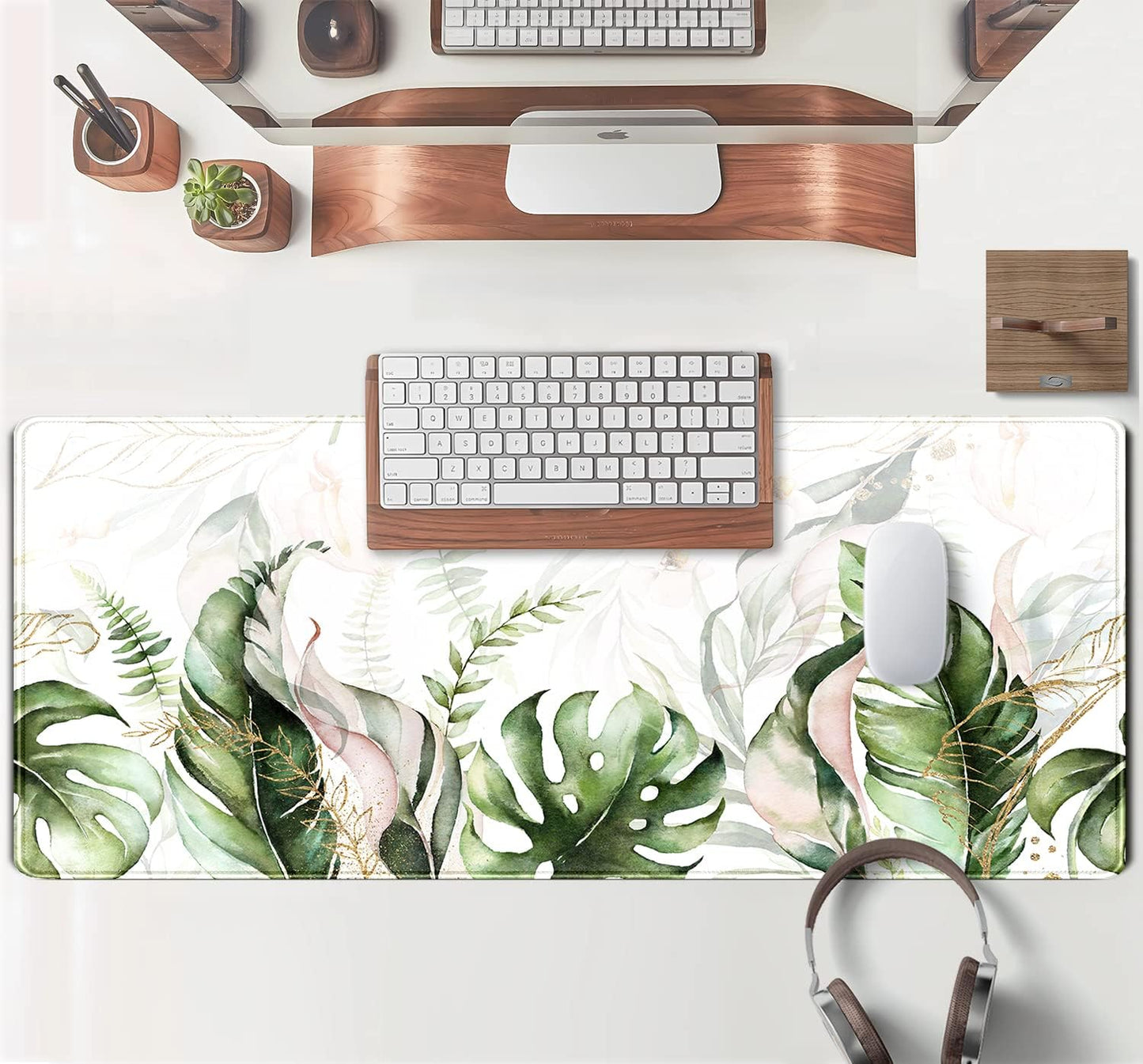 Green Tropical Leaves Desk Mat XL Large Gaming Mouse Pad Green Sage Plant Laptop Keyboard Mouse Mat Office Supplies Desk Decor Accessories for Women, Desk Mats Pads on top of Desks, 31.5x11.8 in