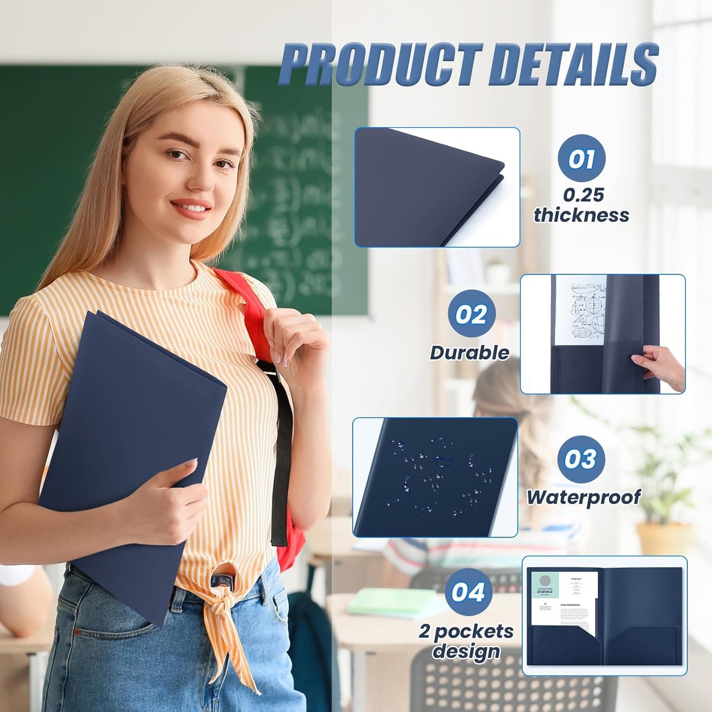 Gueevin 150 Pcs Plastic Folders with Pockets, Two Pocket Folder Fit 8.5 x 11 Inch Letter Size Paper, Heavy Duty School Folders Business Card Holder for Home Office School Bussiness (Dark Blue)