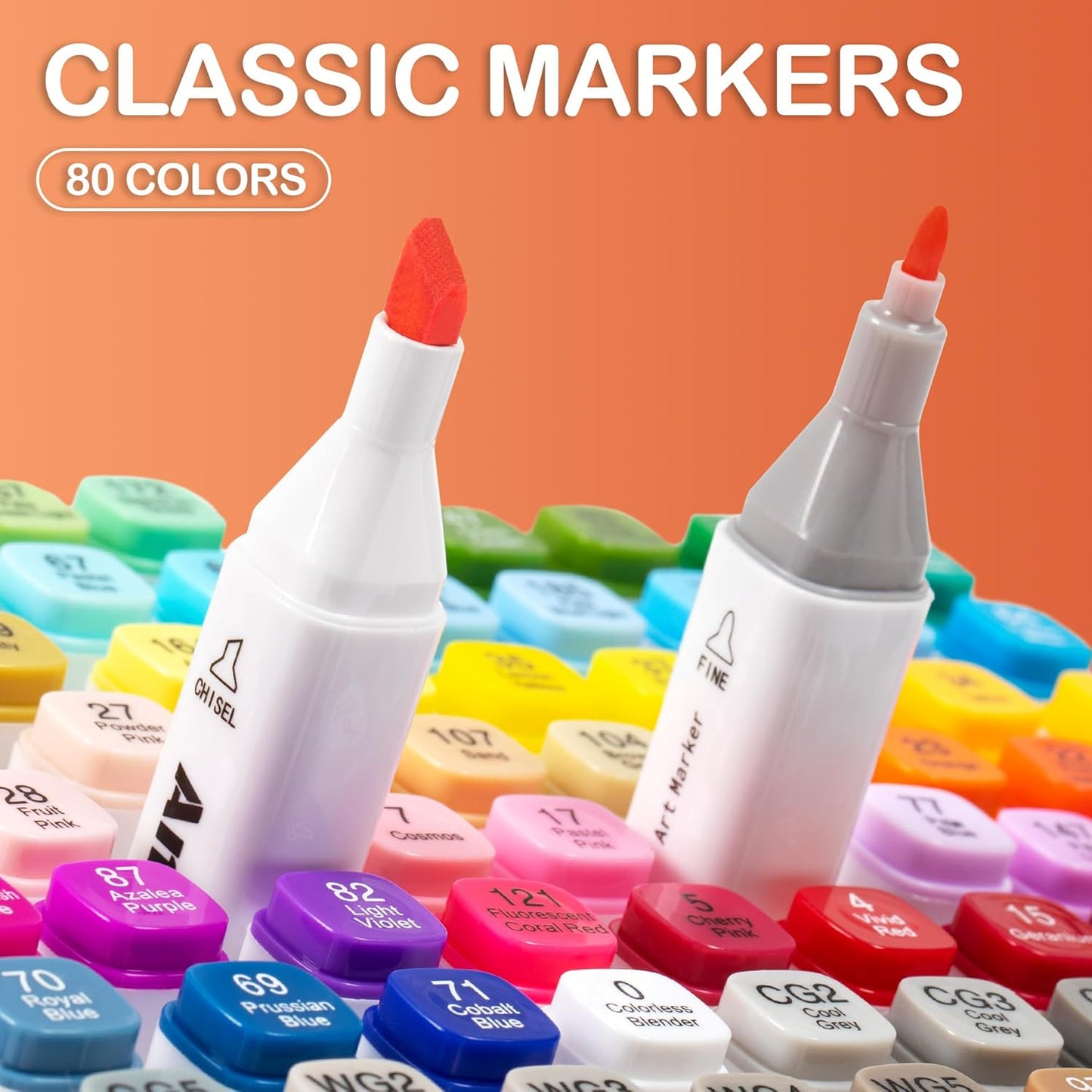 AnyMark Alcohol Markers, 80 Colors Dual Tip Art Coloring Markers Set for Kids Adult Book Drawing Sketching Painting, Chisel & Fine, White Penholder
