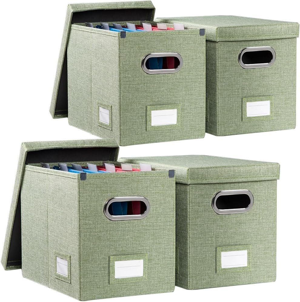 PRANDOM File Organizer Box - Set of 4 Collapsible Decorative Linen Filing Storage Hanging File Folders with Lids Office Cabinet Letter Size Green (14x9.3x10.8 inch)