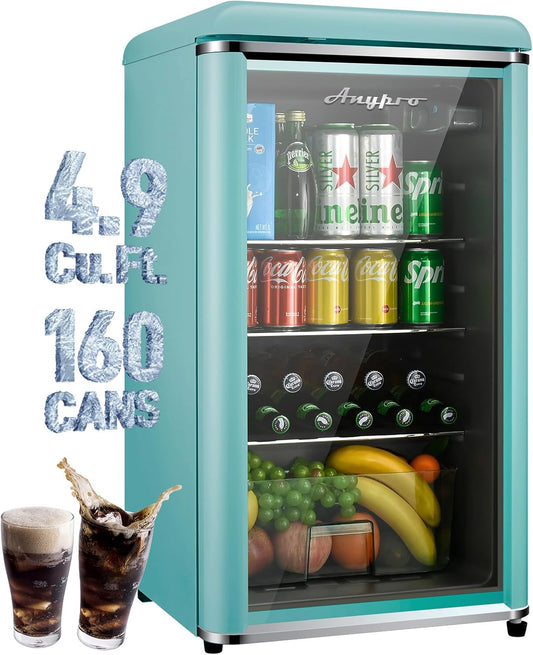 4.9 Cu.Ft Beverage Refrigerator Cooler with Double Tempered Glass Door, 120 Can Wine Drink Beer Retro Small Mini Fridge for Office Bedroom Bar with 7 Temperatures, Adjustable Shelves, Blue