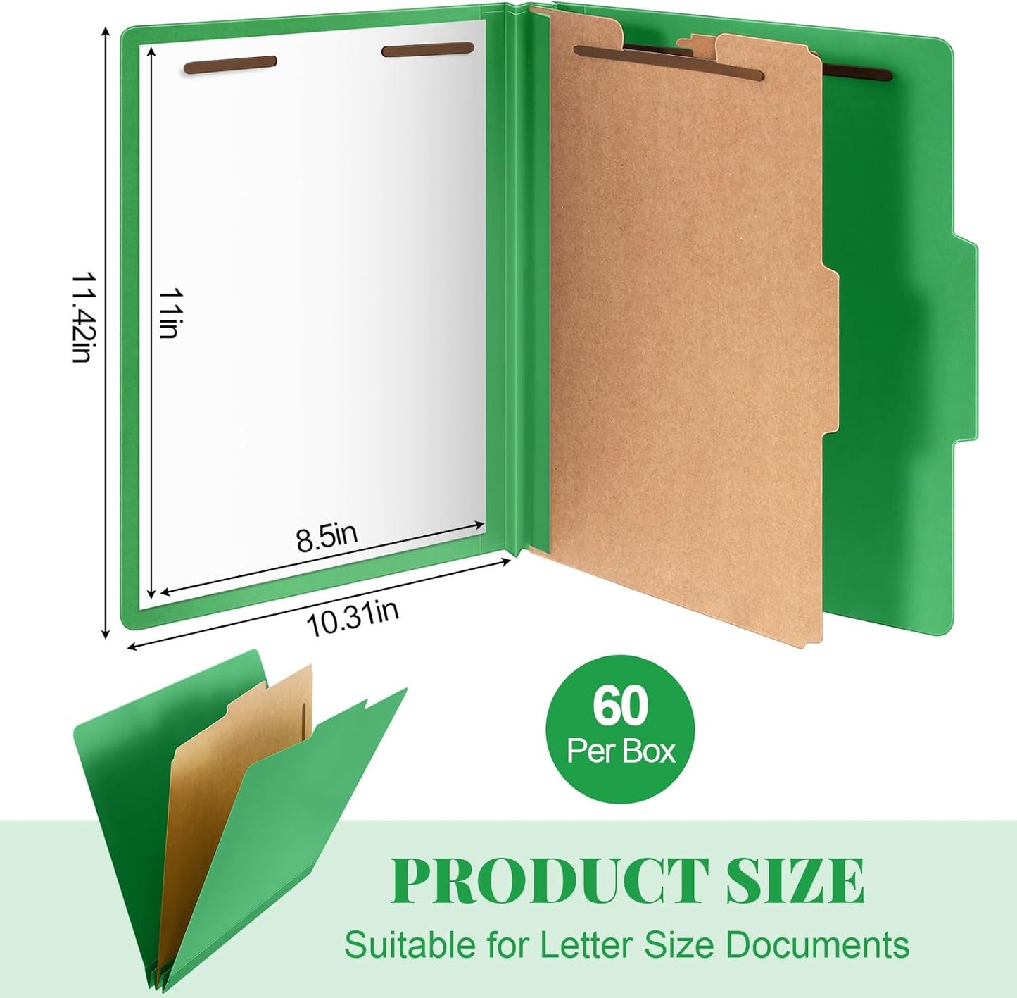 60 Pcs Classification Folders Letter Size, 1 Divider Pressboard File Folder with Fasteners, Expanding File Organizer Bulk for Teachers, Clergy, Office, Church, Christmas Donations (Green)