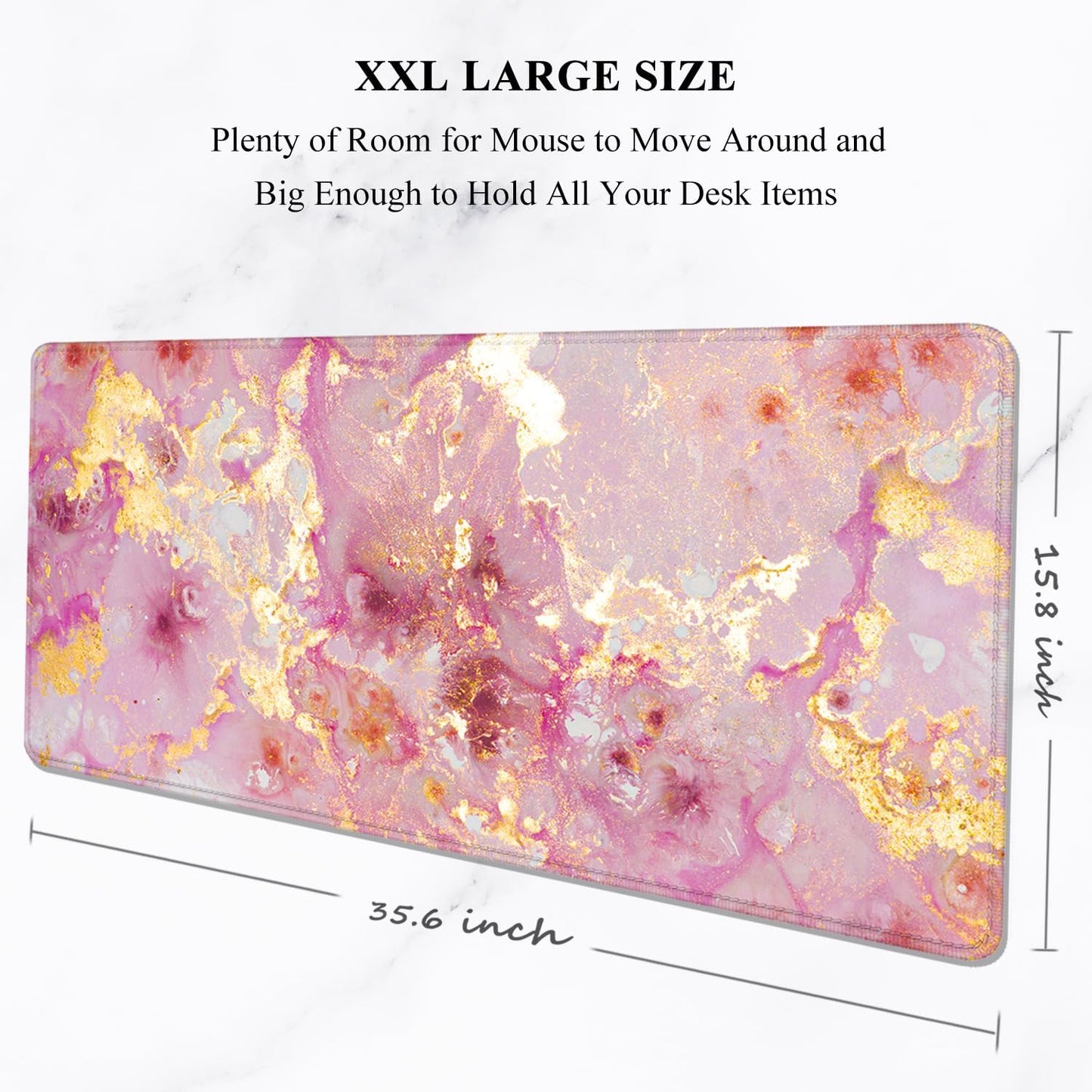 Auhoahsil Large Mouse Pad, XXL Gaming Mousepad, Desk Mat for Desktop, Thick Rubber, Big & Long Size, Stitched Edges, Full Desk Pad for Laptop & Computer, Extended 35.4 x 15.7 in, Pink Gold Marble