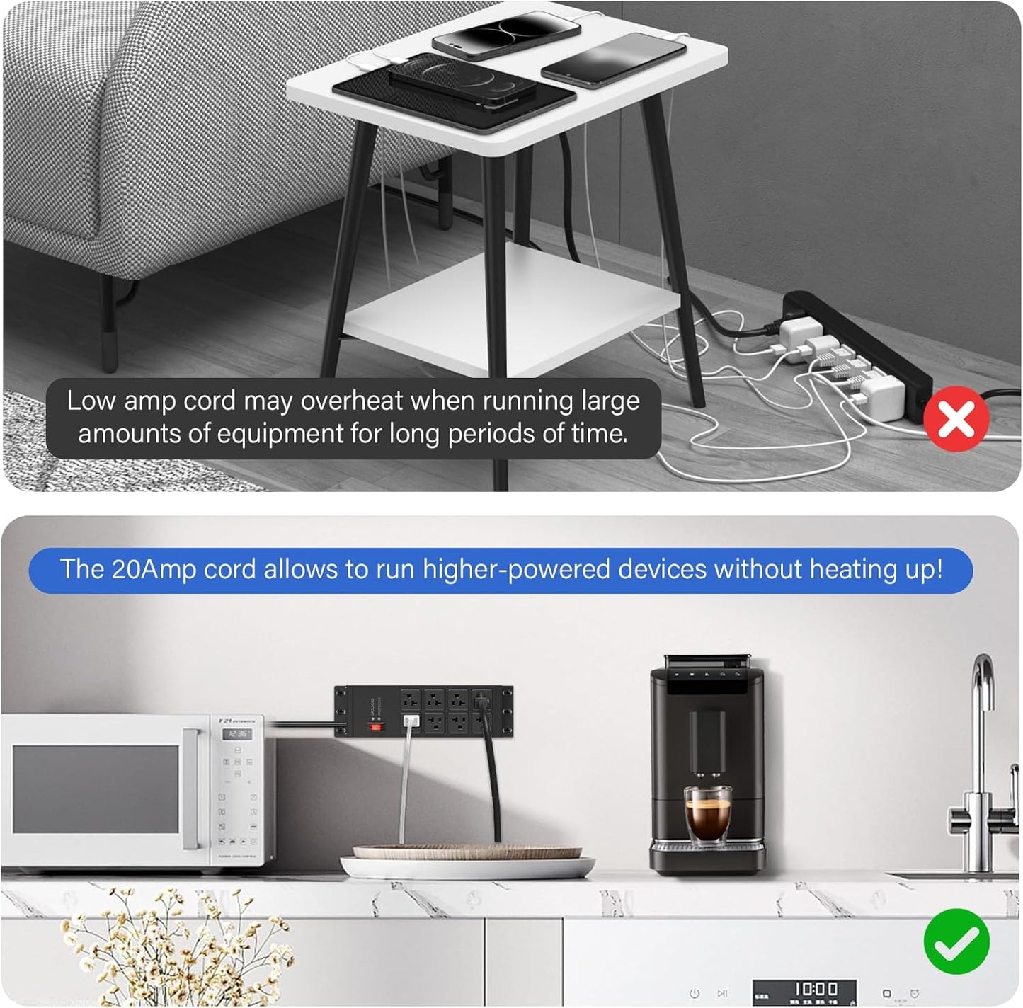 CCCEI Black Heavy Duty Power Strip Surge Protector 20 AMP, 8 Outlets 12 Gauge Industrial Shop Garage Metal Multiple Outlets, 20 FT Extension Cord 5-15P Adapter High Amp 6-20R T-Slot 20a for Appliance