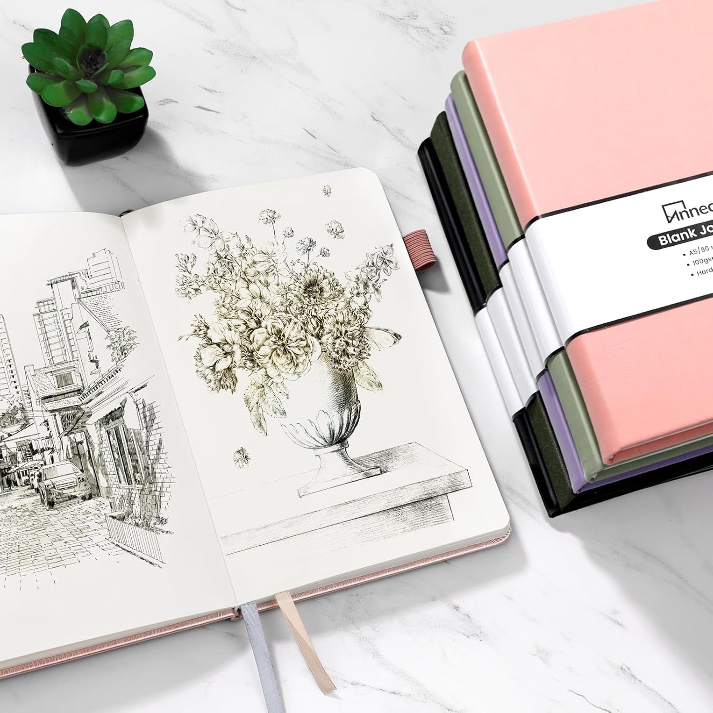 Annecy Blank Journal Notebook, Medium 5.5x 8.25, 160 Pages 100GSM Writing Paper, A5 Deep Green Linen Cover