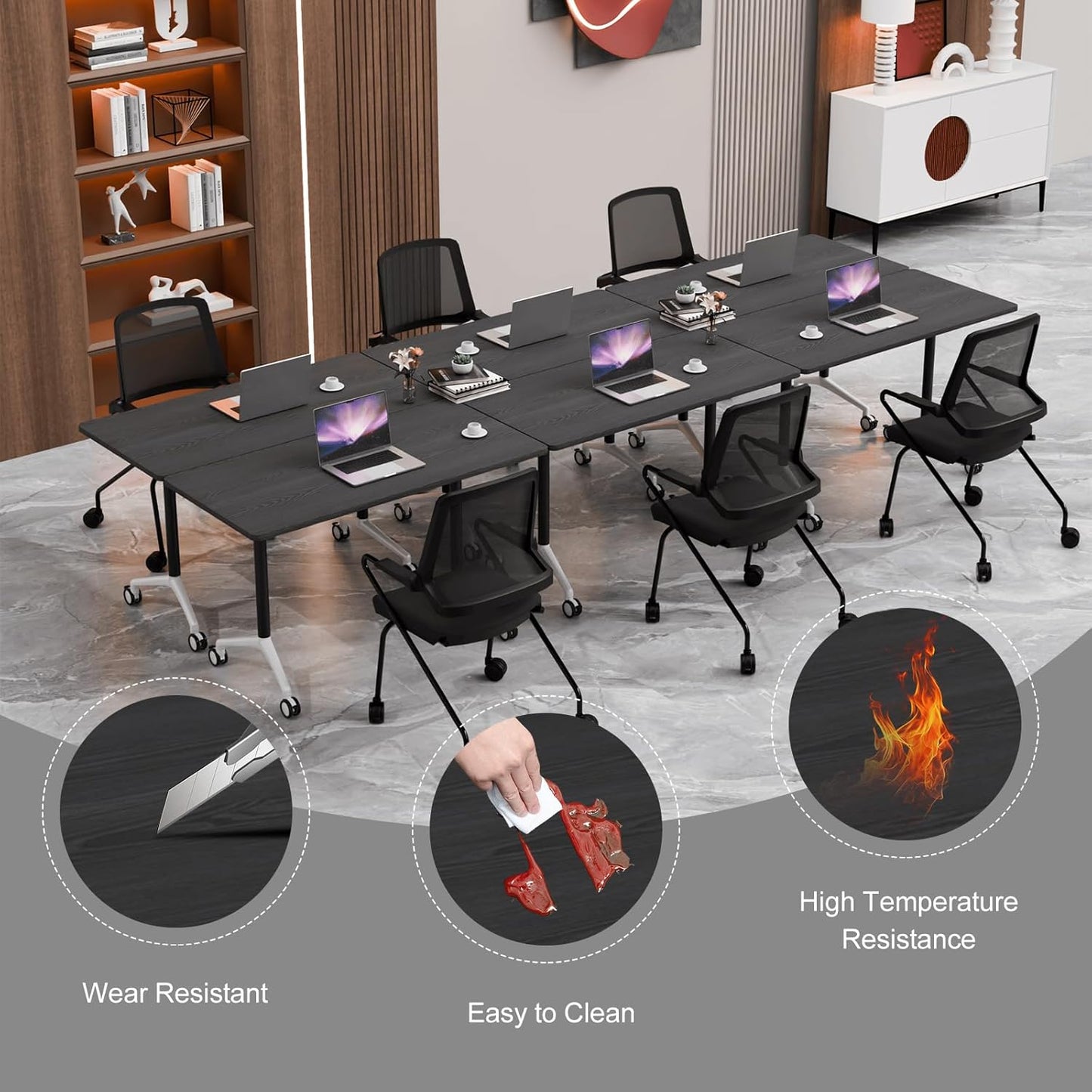 Conference Room Table with Flip-Top Design for Dynamic Meetings, Business Table Computer Desk with Heavy-Duty Frame,Foldable Seminar Meeting Tables for Home Office (6, F, 55.1IN)