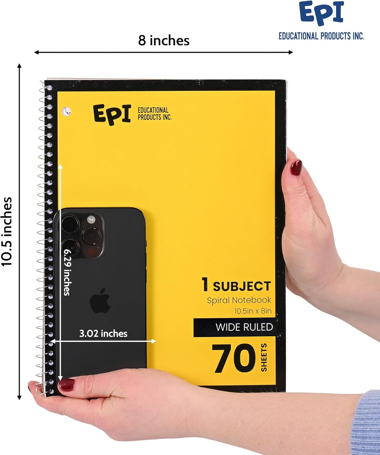 EPI Spiral Notebook | Wide - 70 Sheets, Durable Spiral Binding | 10.5 x 8 in | Classroom Supplies | School, Office, Note Taking, Journaling - 6 Pack