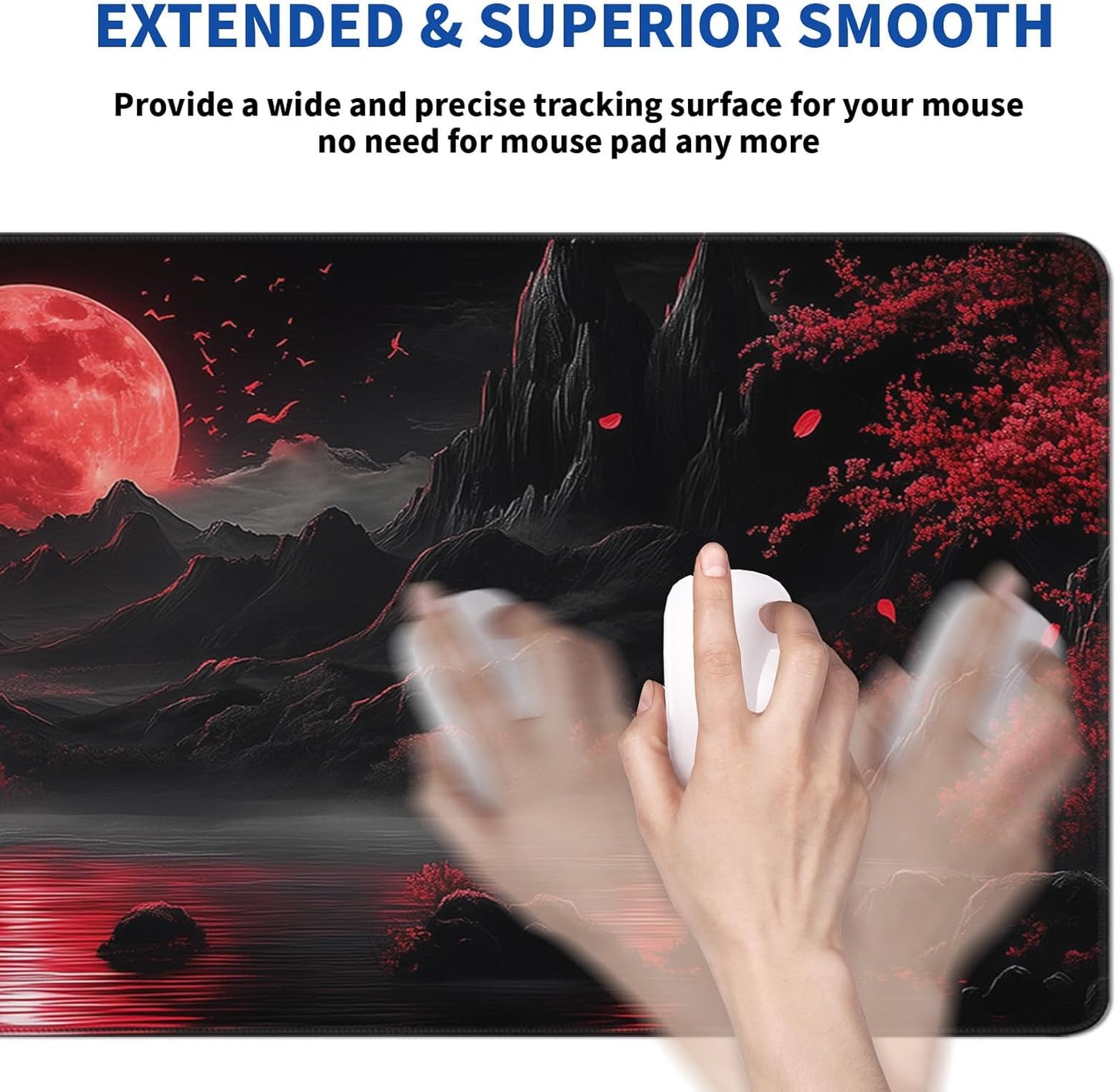 Darkness Red Moon Mouse Pad Abstract Red Mouse Pad 31.5x11.8 Inch Non-Slip Rubber Base Large Mousepad Stitched Edges Keyboard Mouse Mat Desk Pad for Office and Home(2)