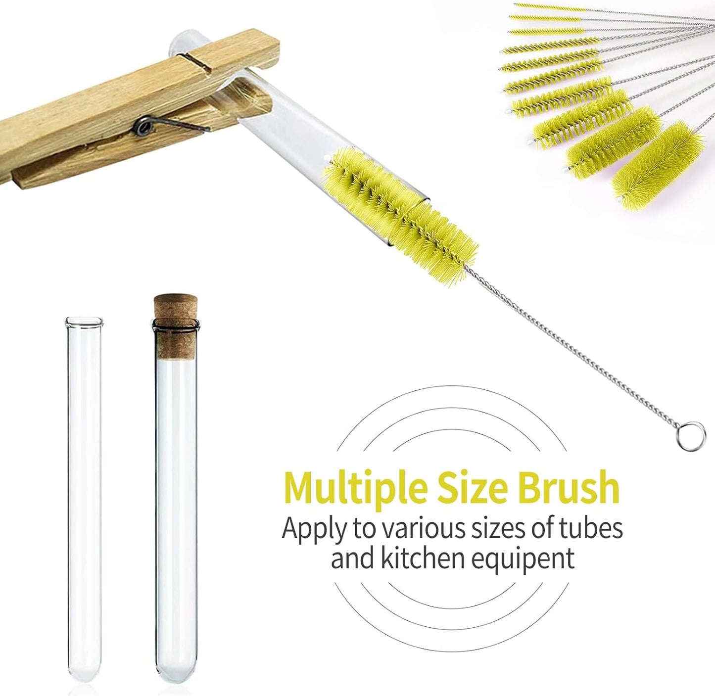CiaraQ Bottle Cleaning Brushes, 8 Inch Nylon Tube Brush Set, Cleaner for Narrow Neck Bottles Cups with Hook, Set of 10pcs. Yellow