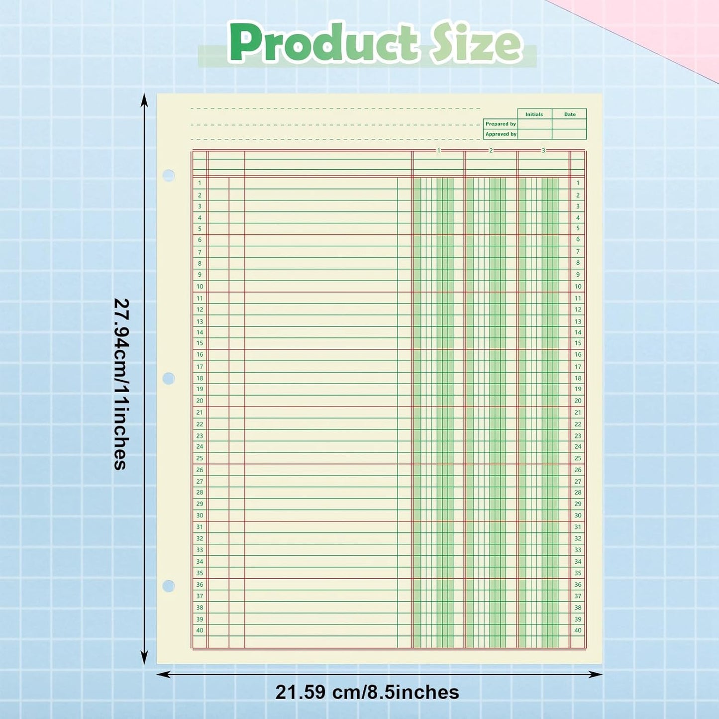 Fulmoon 5 Pack 250 Sheets Ledger Paper Accounting Columnar Pads 3 Hole Analysis Accounting Ledger Book for Business, 50 Sheets/Pack, Single Page Format, Green(8.5 x 11 Inch,3 Columnar)