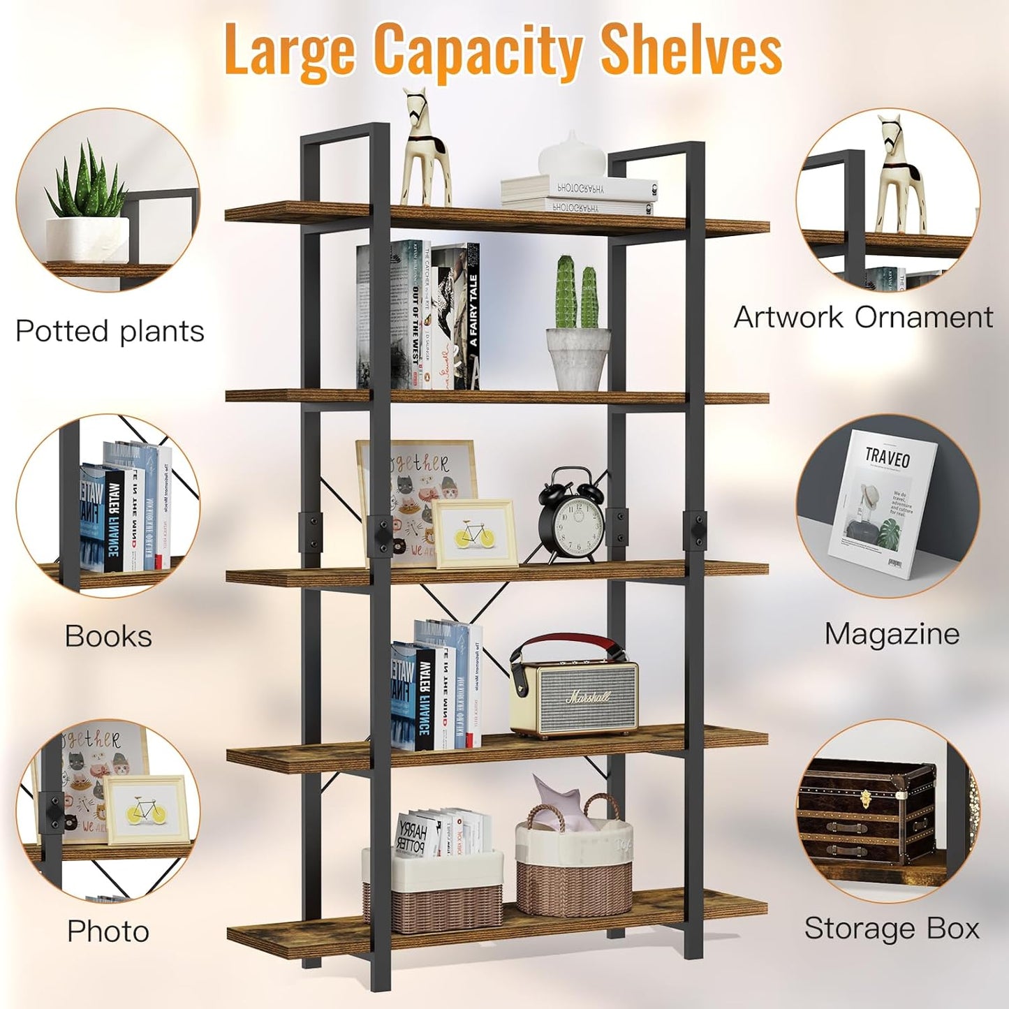 FRAPOW 5 Tier Bookshelf, 70 inch Tall Solid Bookcase Industrial Wooden Bookshelves Large Wall Etagere Rustic Vintage Book Shelf with Metal Frame Open Storage Rack for Living Room Home Office