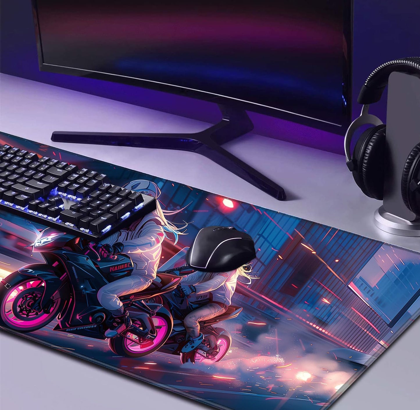 Anime Knight Motorcycle Mouse Pad Large Cool Sports Car Office Men's and Women's Desktop Pad, Super Large Motorcycle Computer Game Mouse Pad 35.4 x 15.7 Inches