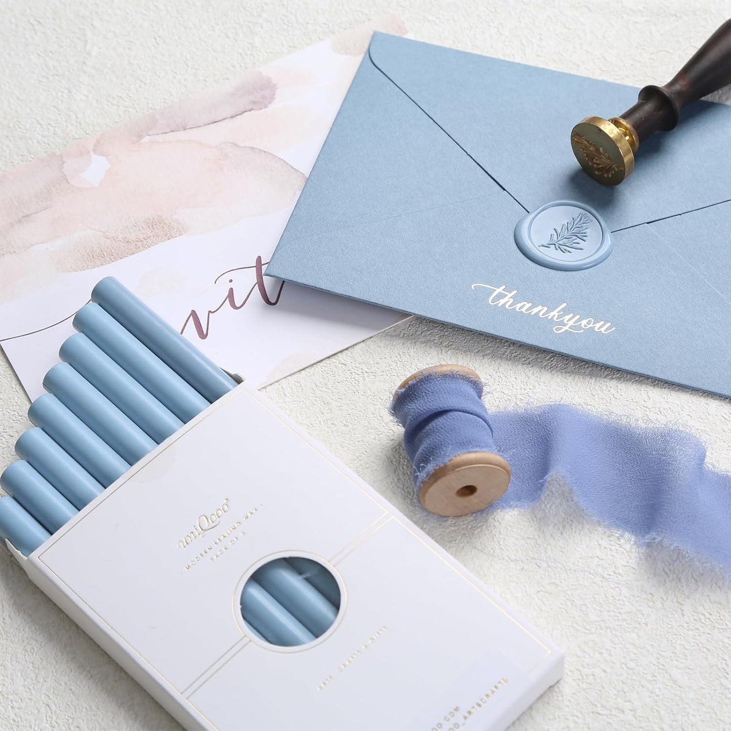 UNIQOOO Light Dusty Blue Glue Gun Sealing Wax Sticks for Wax Seal Stamp - Perfect for Wedding Invitations, Cards Envelopes, Snail Mails, Wine Packages, Christmas Gift Ideas, Pack of 8
