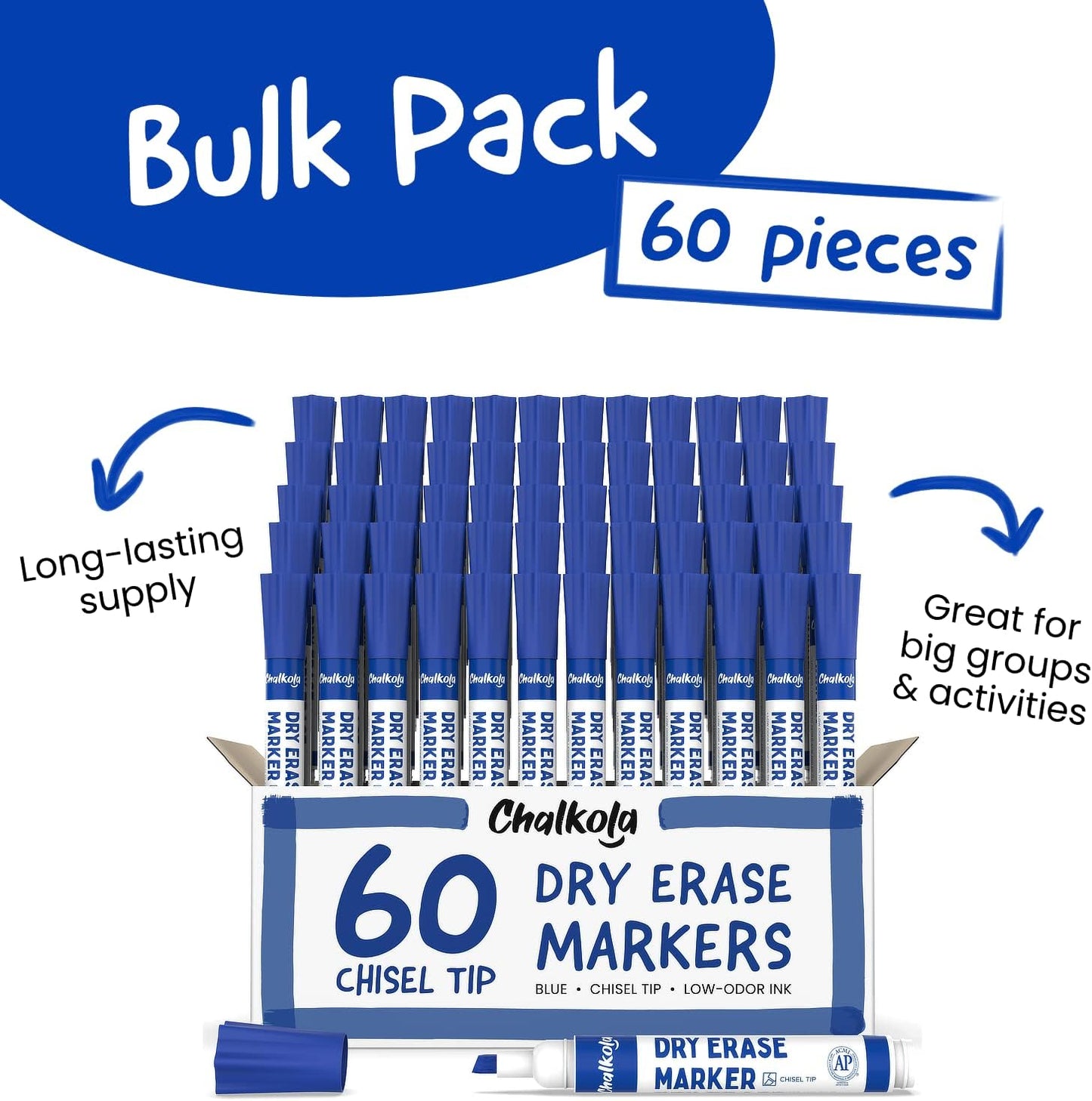 Chalkola 60 Blue Dry Erase Markers Bulk Pack, Blue Chisel Point White Dry Erase Pens - Low Odor Whiteboard Markers for Kids, Home, Office, Back to School Supplies