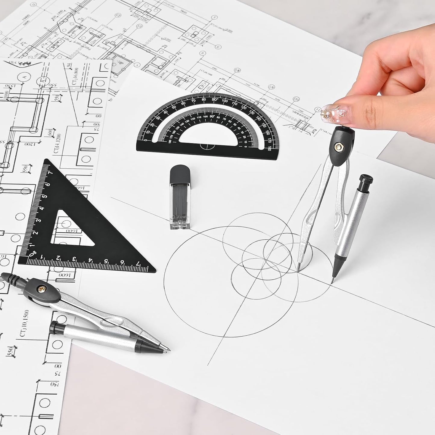 6 Pcs Metal Geometry Set, Math Geometry Kit, Metal Ruler Set and Compass Geometry Tool, Rulers Protractor and Compass Set for Student School and Drawings Supplies (Black)