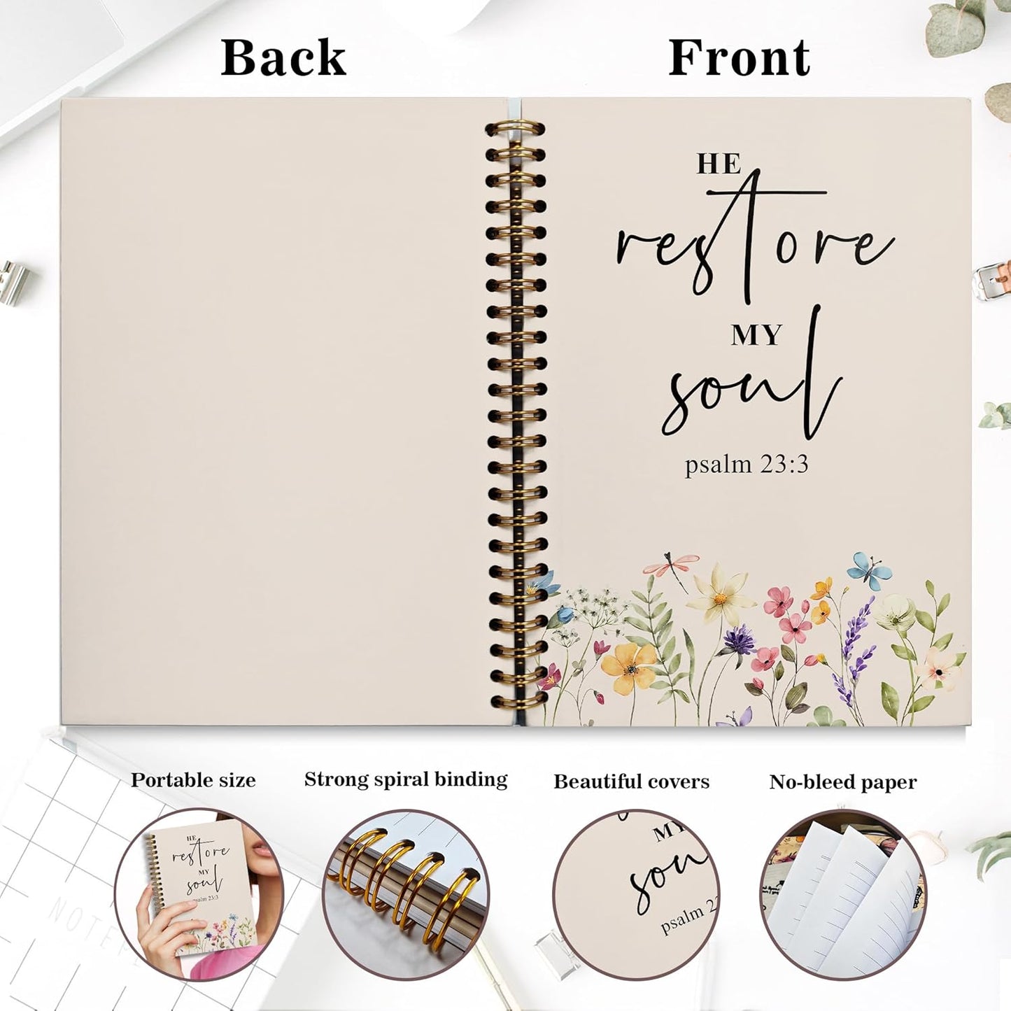 Bible Notebook, A5 Spiral Christian Journal with Floral Pink Butterfly Notebook, Bible Verse-He Restores My Soul, Inspirational Notebooks for Women, Bible Study, Gift for Birthday Christmas