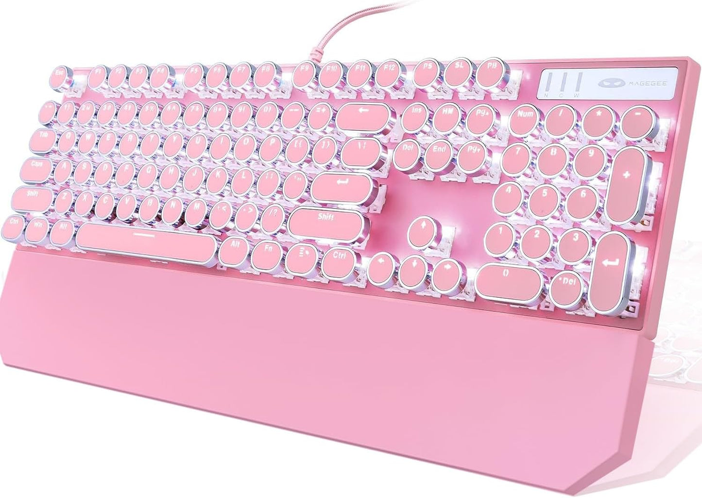 Camiysn Typewriter Style Mechanical Gaming Keyboard, Pink Retro Punk Gaming Keyboard with White Backlit, 104 Keys Blue Switch Wired Cute Keyboards, Round Keycaps for Windows/Mac/PC