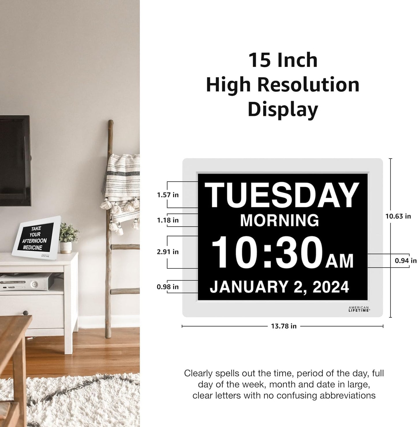 American Lifetime 【New 2025 Dementia Clock Large Digital Clock for Seniors, Alzeimer Clock Large Display with Custom Alarms, Clock with Day & Date for Elderly, Digital Calendar Black, 15 Inch