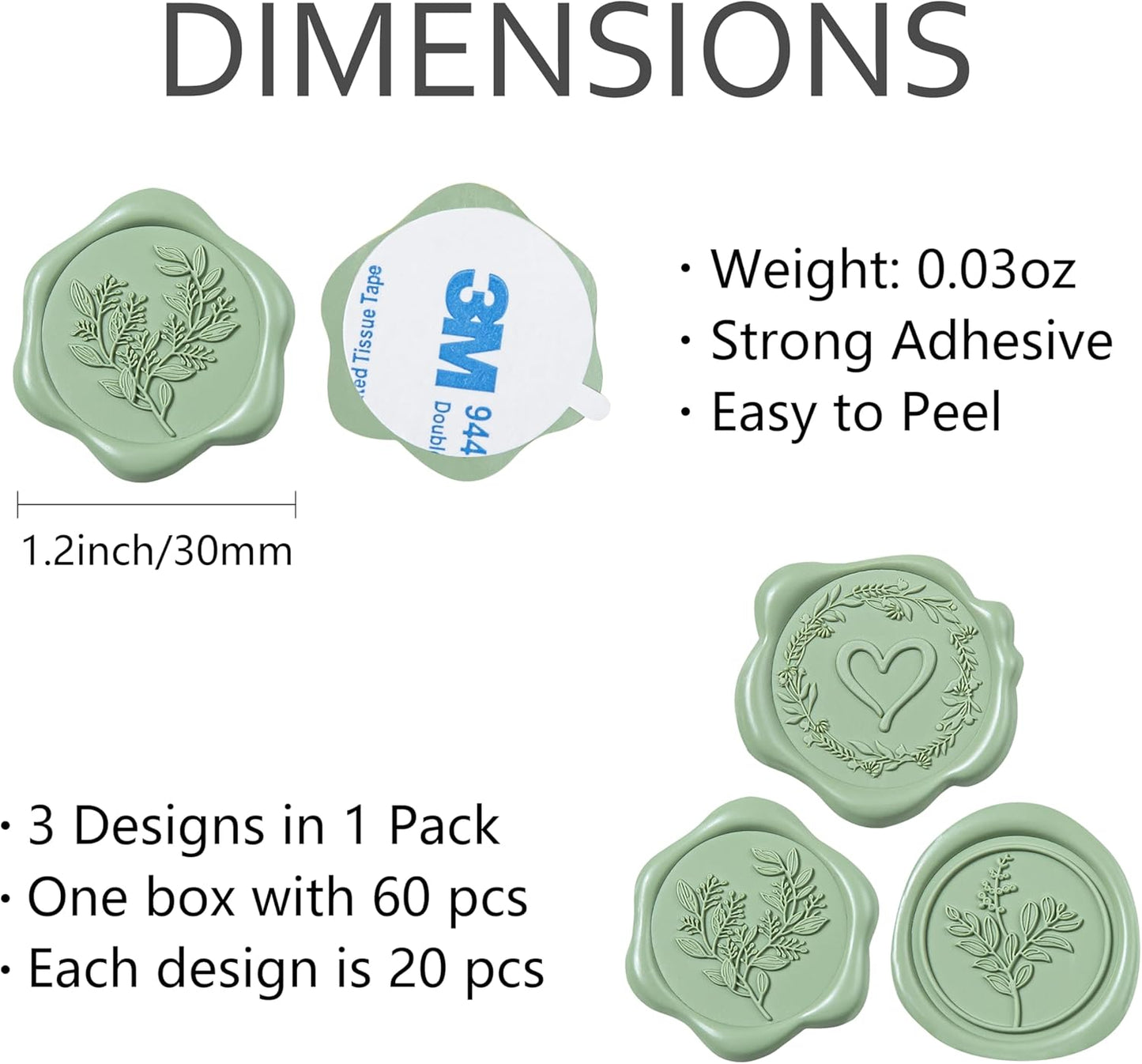 60 Pcs Sage Green Wax Seal Stickers Self-Adhesive Envelope Seals Stamp Stickers, Perfect for Wedding Invitations Seating Chart Christmas Gift Wrapping 3 Designs in 1 Pack
