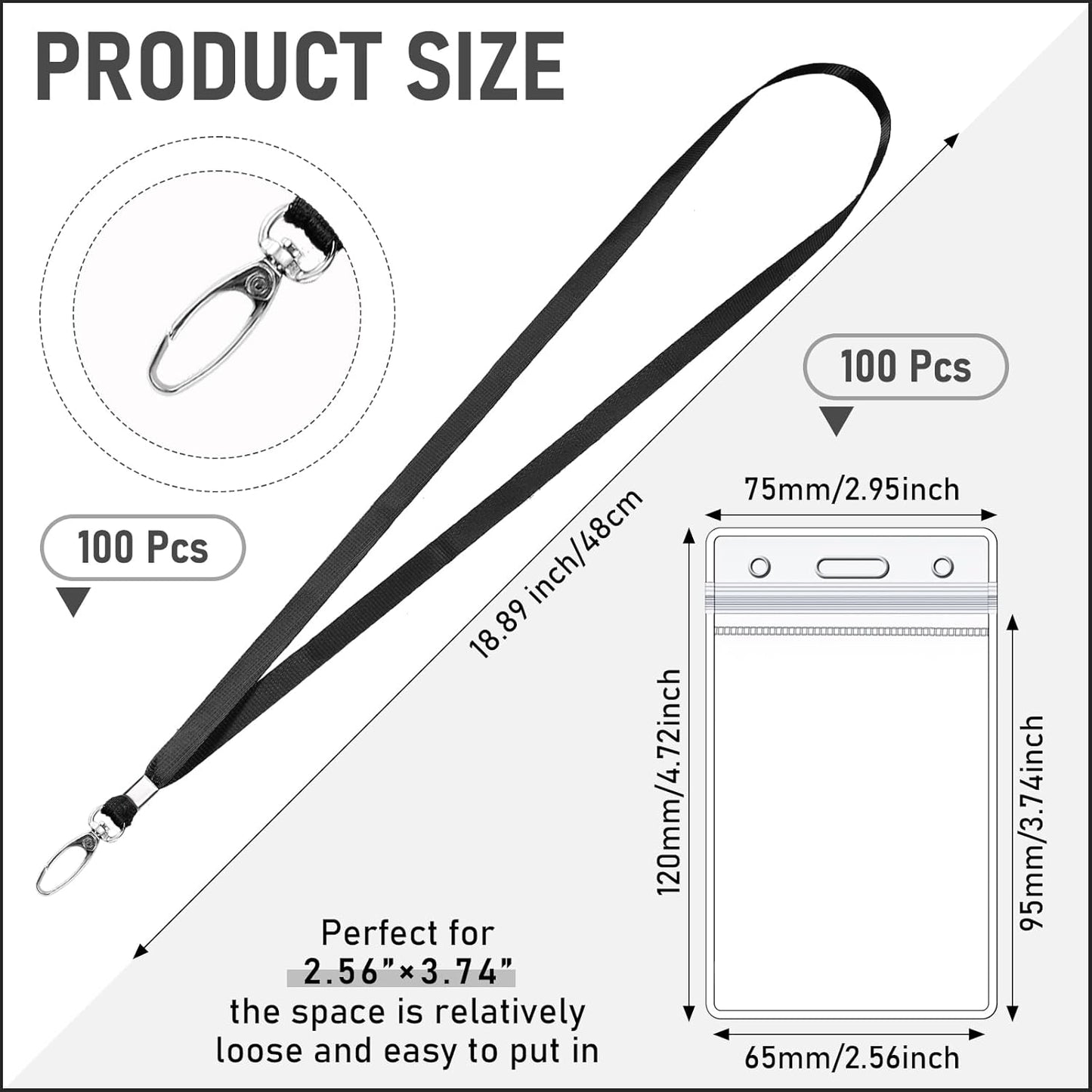 Fumete 100 Sets Name Tag Lanyards with ID Badge Holder Durable Clear Cruise Teacher Lanyards with Plastic Waterproof ID Badge Holders Bulk for Adults Teacher School Office Ship Cards(Black)