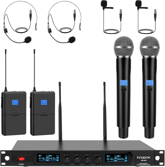 4-Channel Wireless Microphone System, Quad UHF Metal Cordless Mic, 2 Handheld Mics, 2 Bodypack Mics, Long Distance150-200Ft, Fixed Frequency, 16 Hours Use for Karaoke Singing, Church