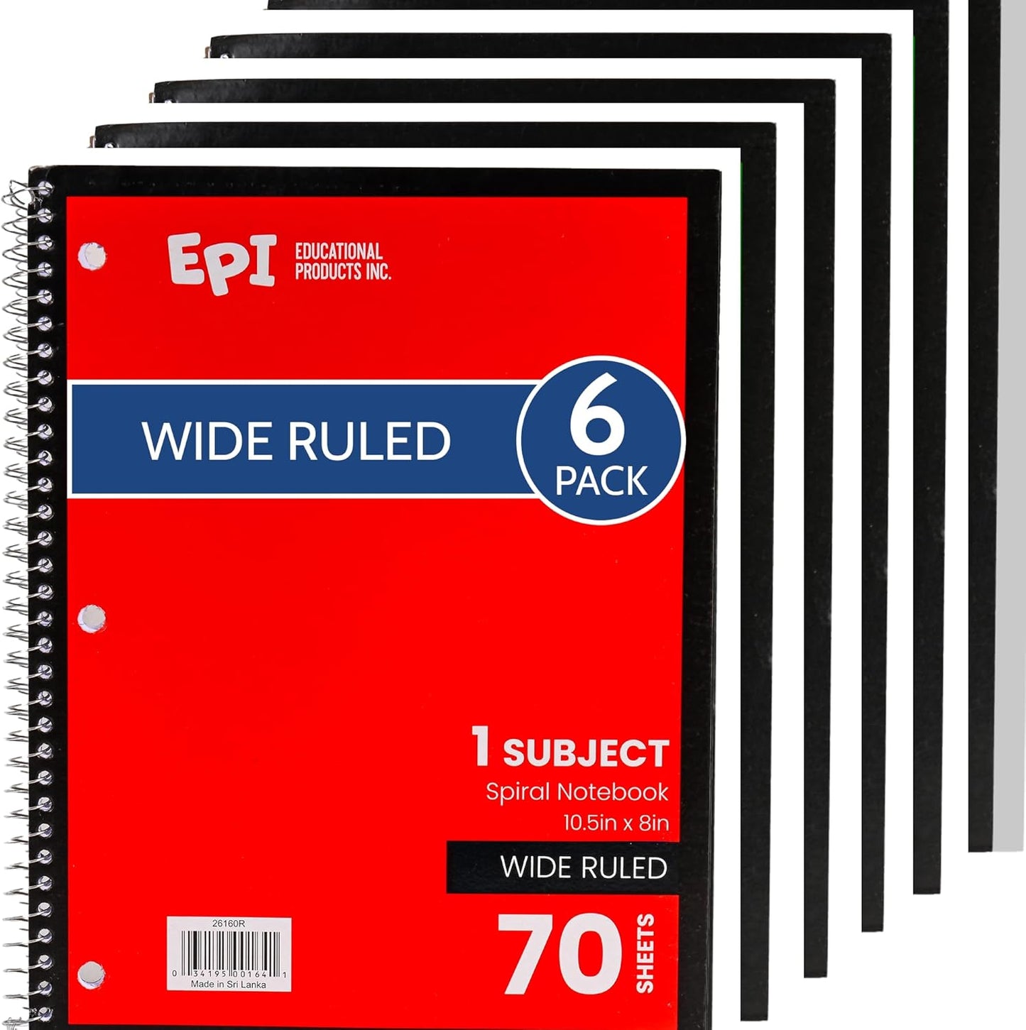 EPI Spiral Notebook | Wide - 70 Sheets, Durable Spiral Binding | 10.5 x 8 in | Classroom Supplies | School, Office, Note Taking, Journaling - 6 Pack
