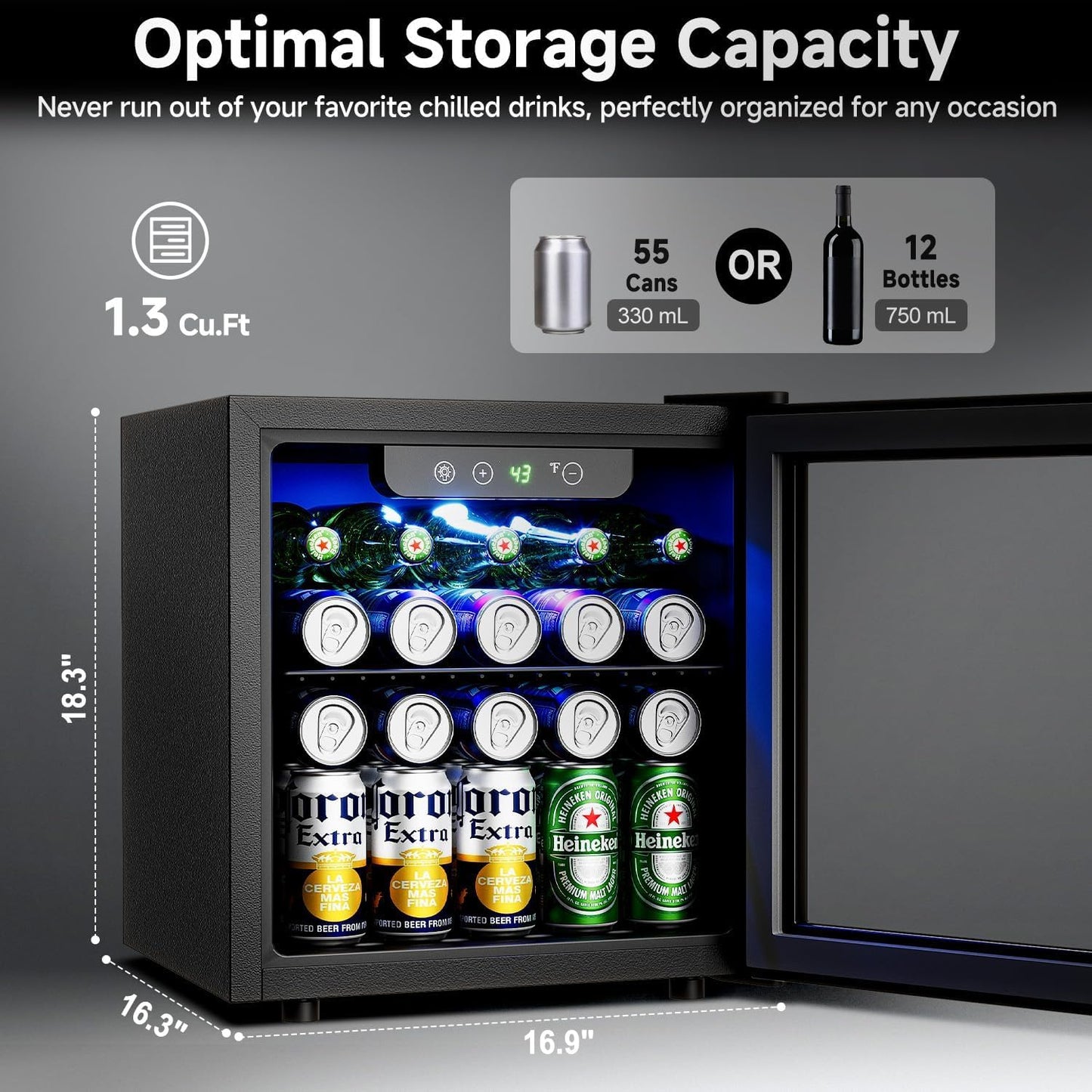 50 Cans Beverage Refrigerator Cooler, 1.3 Cu.Ft Mini Fridge with Glass Door for Soda Beer Drink Wine, Countertop Small Fridge for Bedroom Dorm Office Home Bar, Black