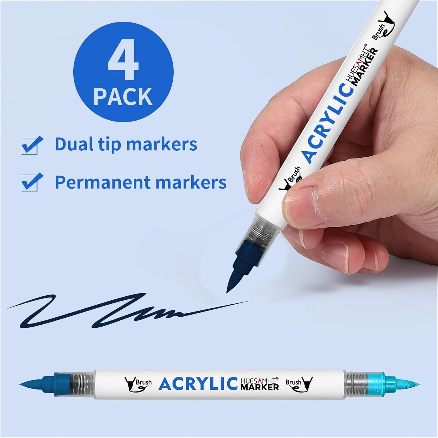 Dual Tip Brush Markers, 4 Pack Double Ended Acrylic Paint Pens - Permanent Water-Based for Rock Painting, Wood, Metal, Ceramic, Glass, Crafts & Kids Art Assorted Colors
