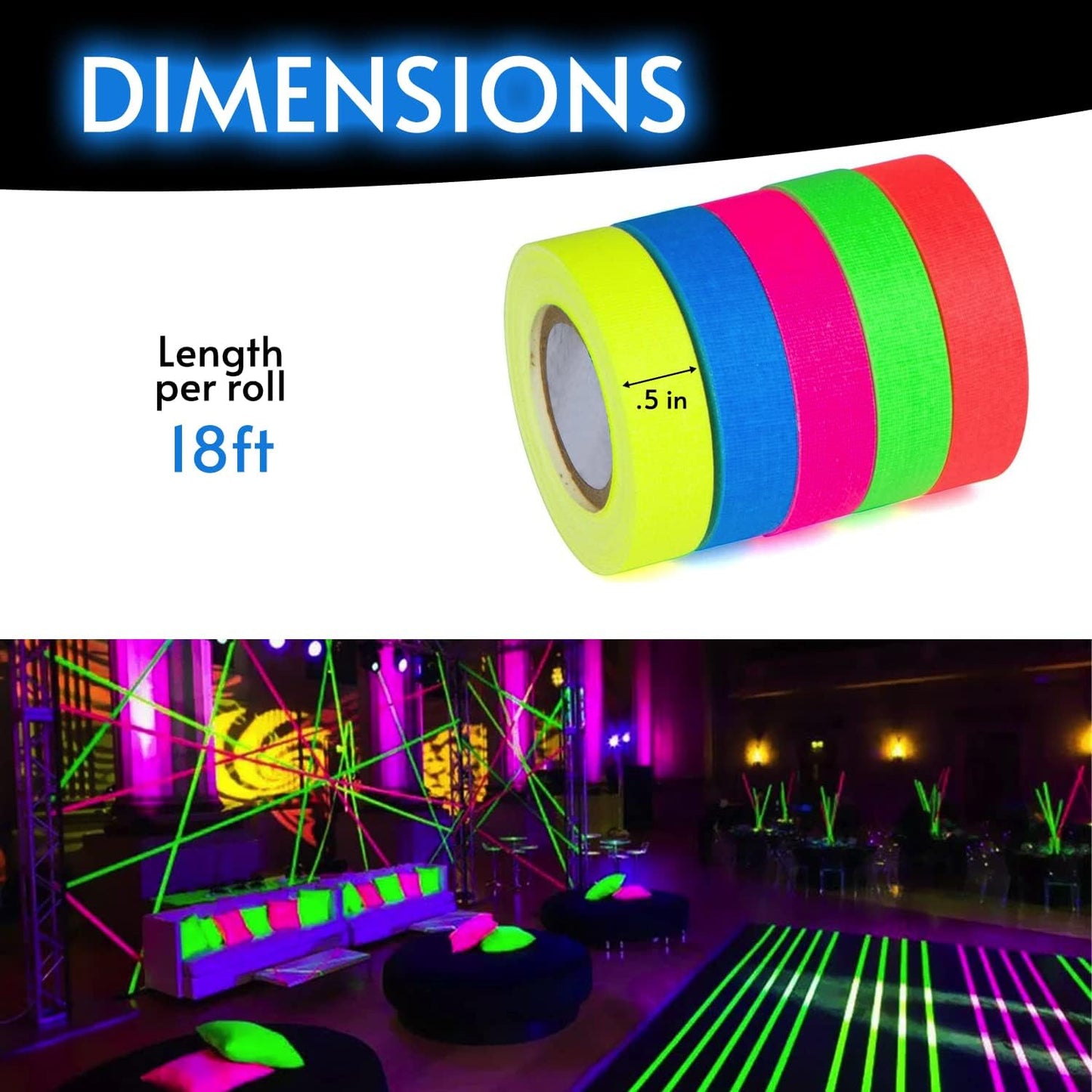 Glow King Blacklight Reactive Glow Tape | Premium UV Fluorescent Neon Party Gift for Events | Multipurpose Luminous Colored Tape for Room Decorations | Glow in The Dark Cloth Tape – 0.5 in x 18 ft