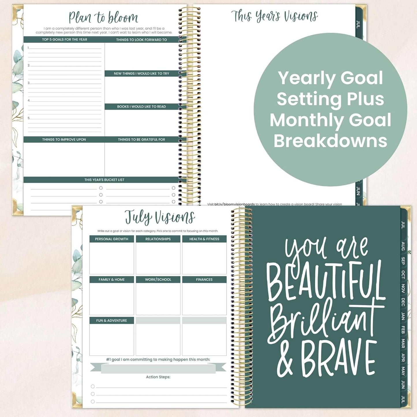 bloom daily planners 2025-2026 Hardcover Academic Year Goal & Vision Planner (July 2025 - July 2026) - Monthly & Weekly Calendar Agenda Organizer - 7.5" x 9" - Eucalyptus, White