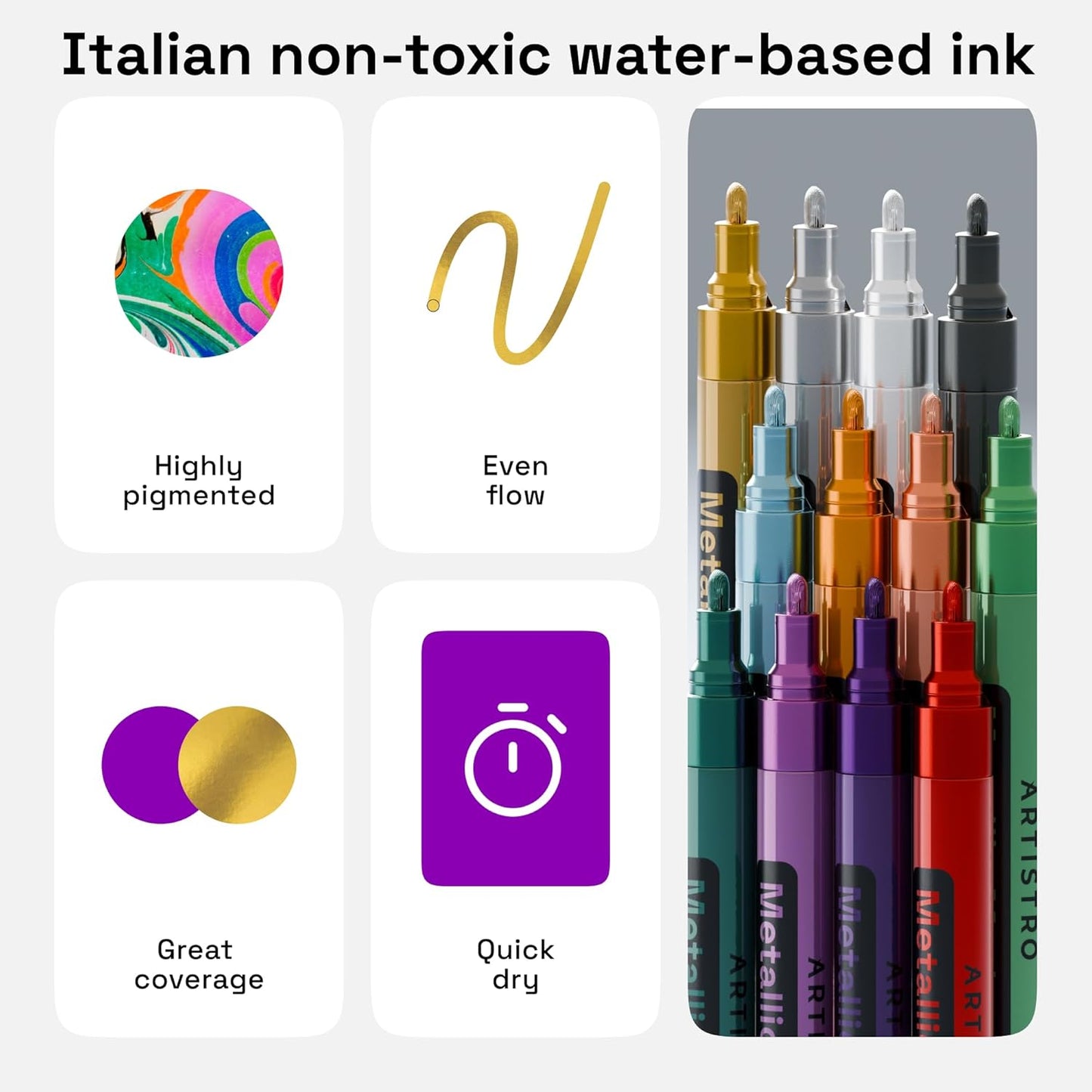 ARTISTRO 12 Metallic Paint Pens for Glass, Rock Painting, Ceramic, Wood, Fabric, Pebbles, Scrapbook Journals, Photo Albums, Card Stocks - Acrylic Paint Markers Medium Tip 3.0mm